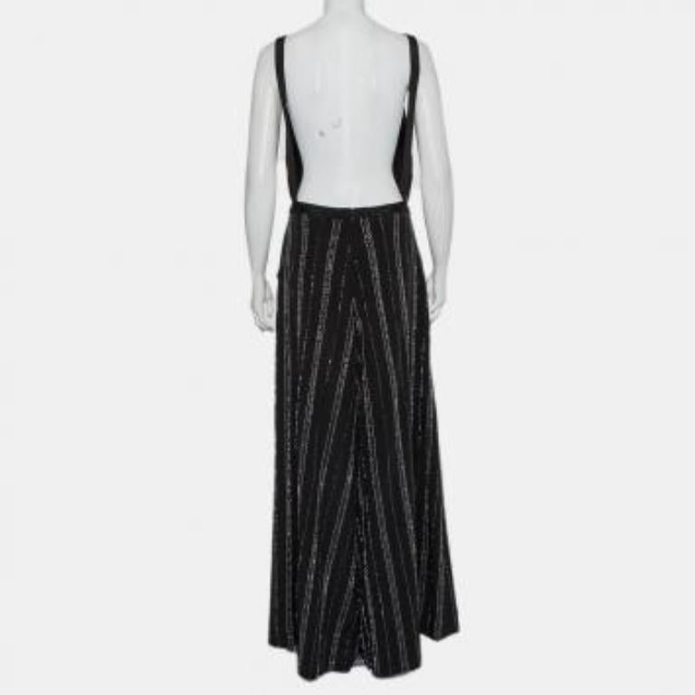 Bazza Alzouman Black Silk Sequin Embellished Open Back Wide Leg Jumpsuit L For Sale 3