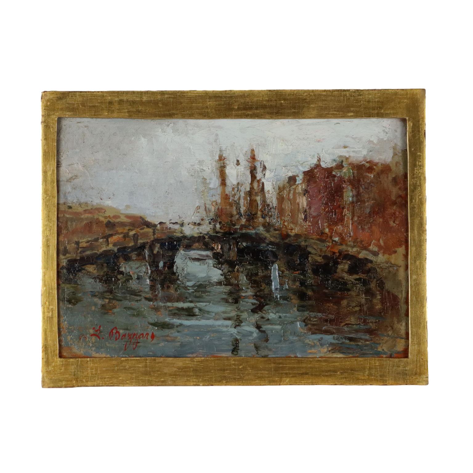 Landscape Painting Bazzaro Leonardo - Chioggia Huile sur carton, Fin du XIXe siècle
