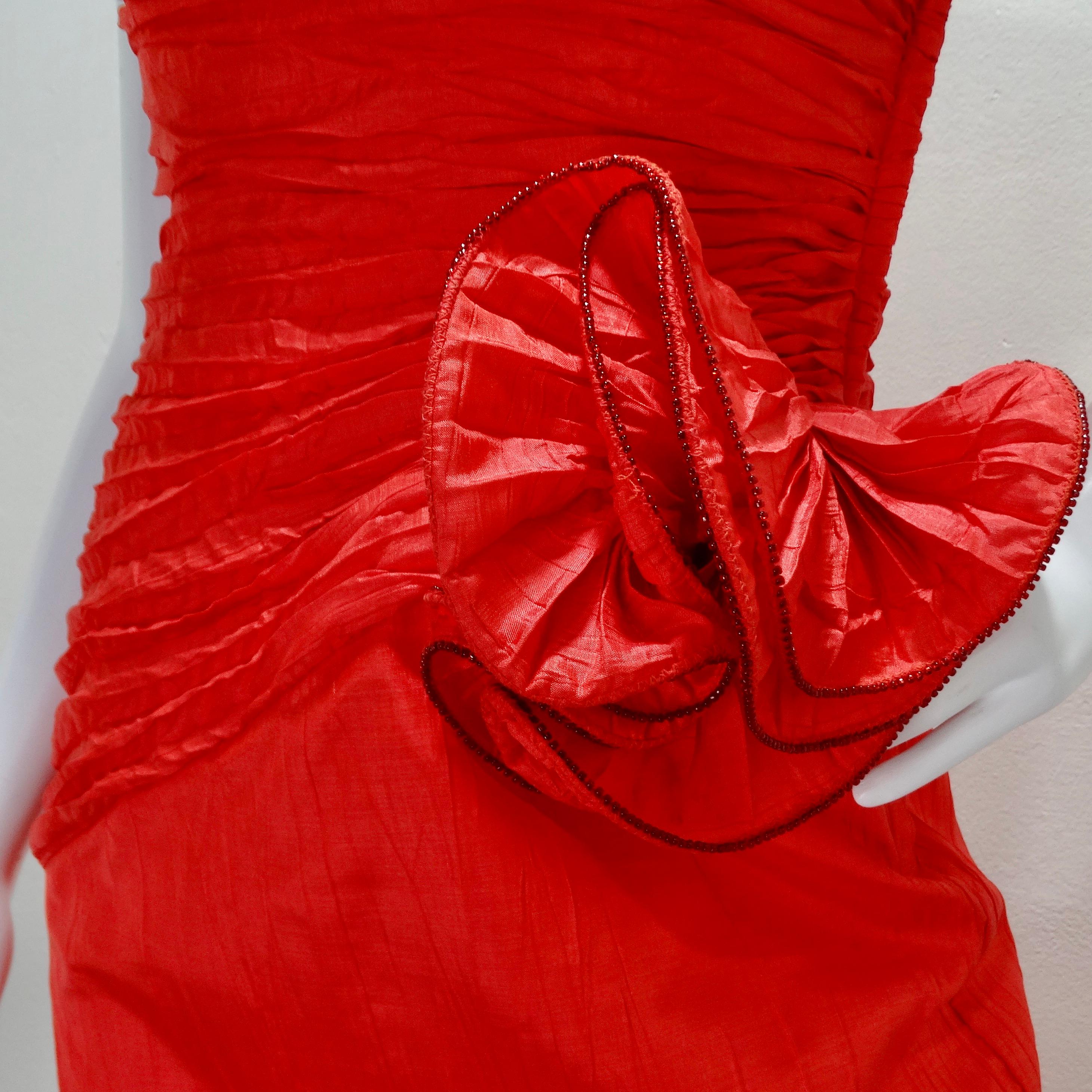 BB Collections 1980s Red Asymmetric Rose Motif Dress In Excellent Condition For Sale In Scottsdale, AZ