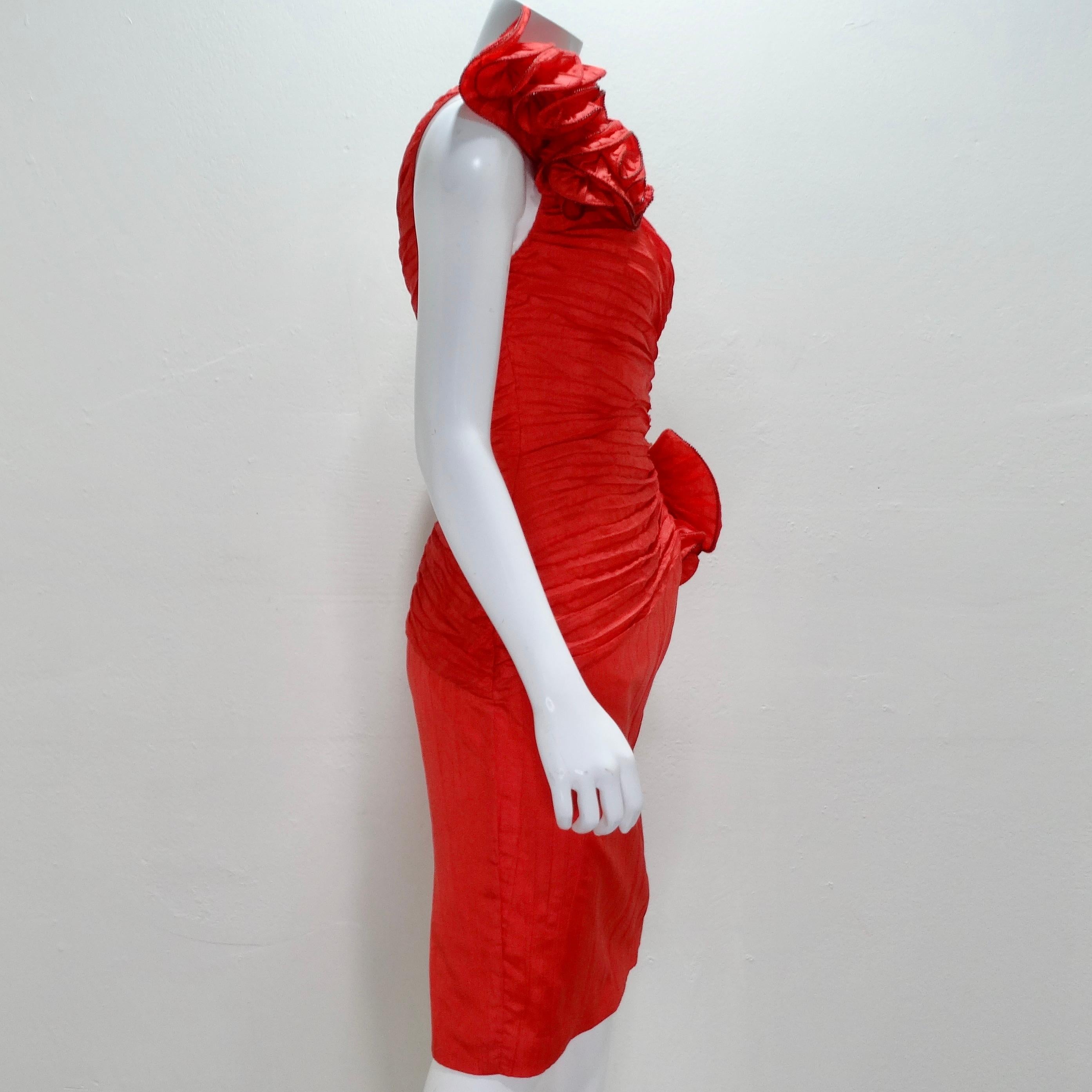 Robe rouge asymétrique à motifs roses des collections BB des années 1980 en vente 1