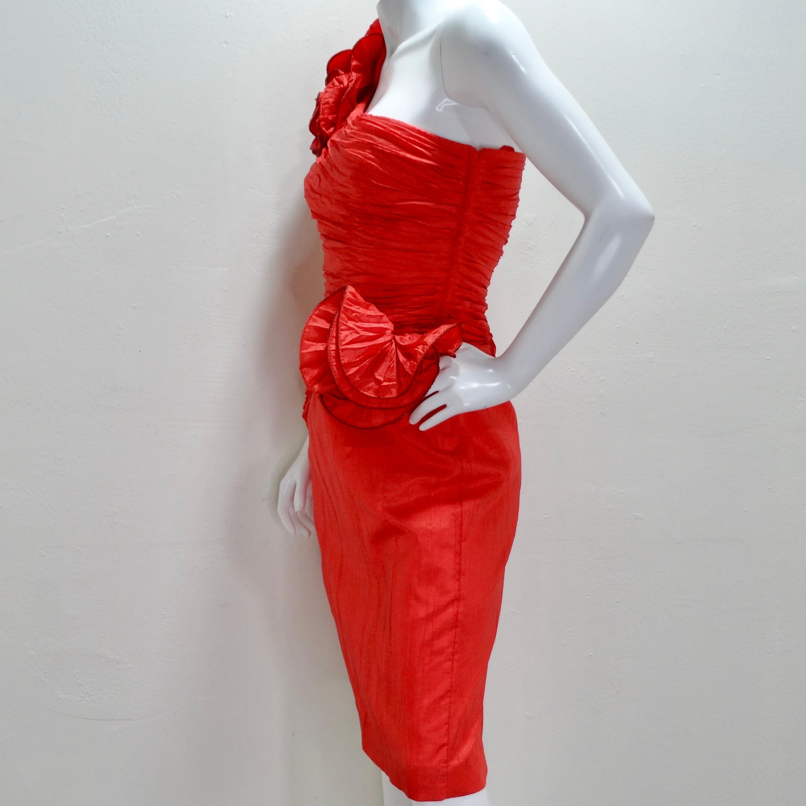 BB Collections 1980s Red Asymmetric Rose Motif Dress For Sale 4