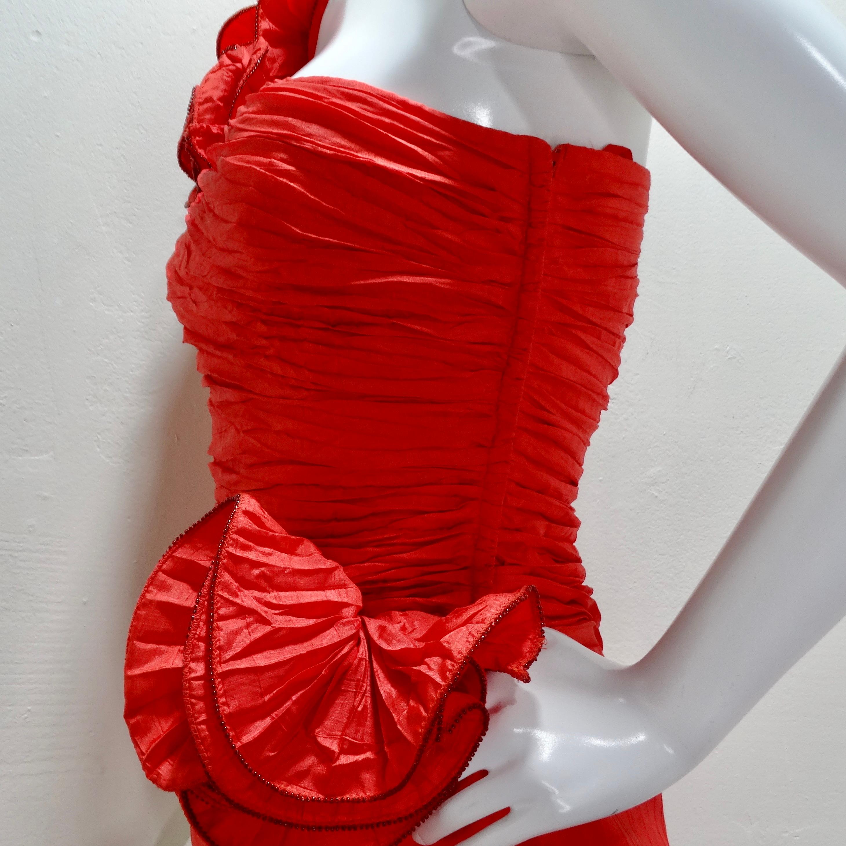 Robe rouge asymétrique à motifs roses des collections BB des années 1980 en vente 5