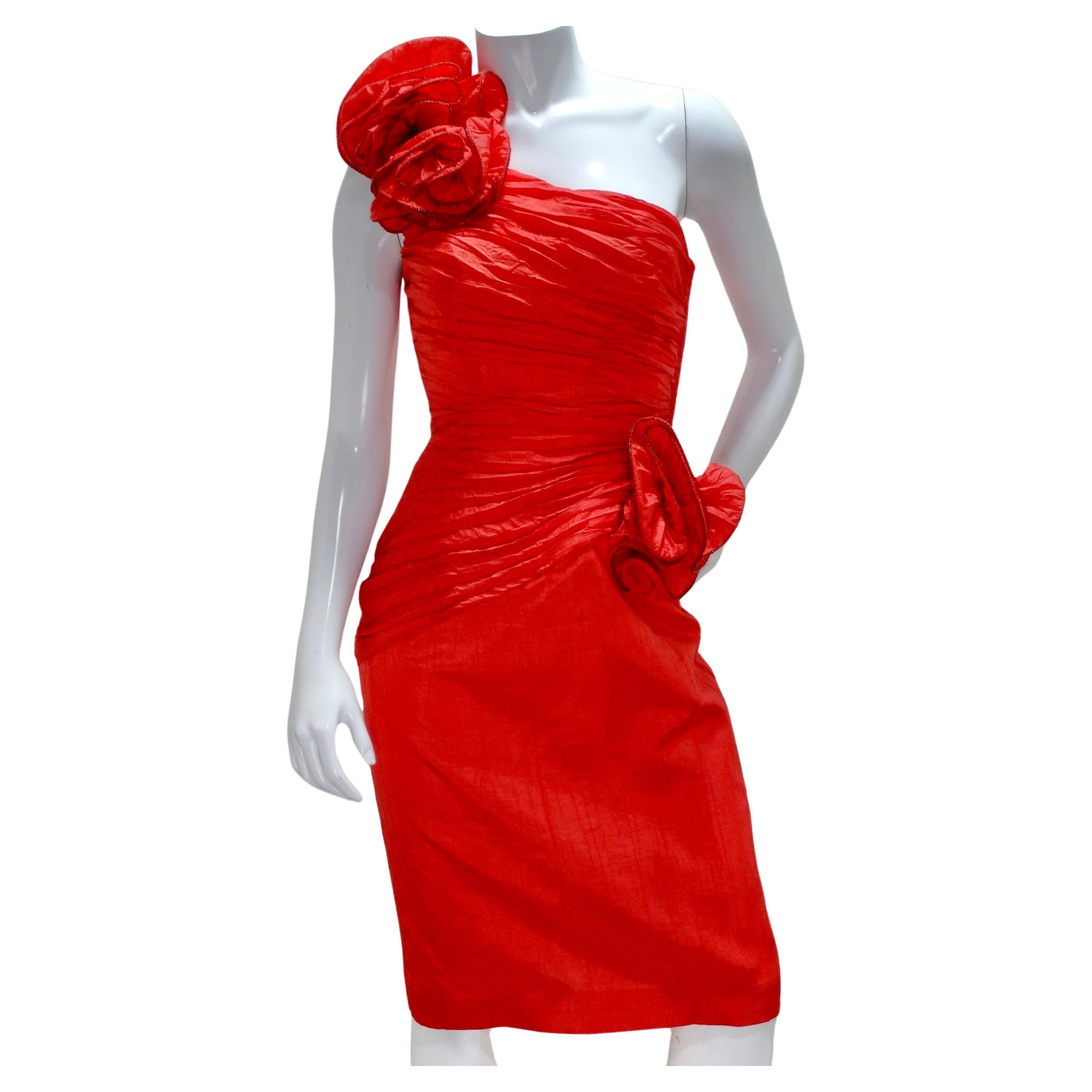 Robe rouge asymétrique à motifs roses des collections BB des années 1980 en vente