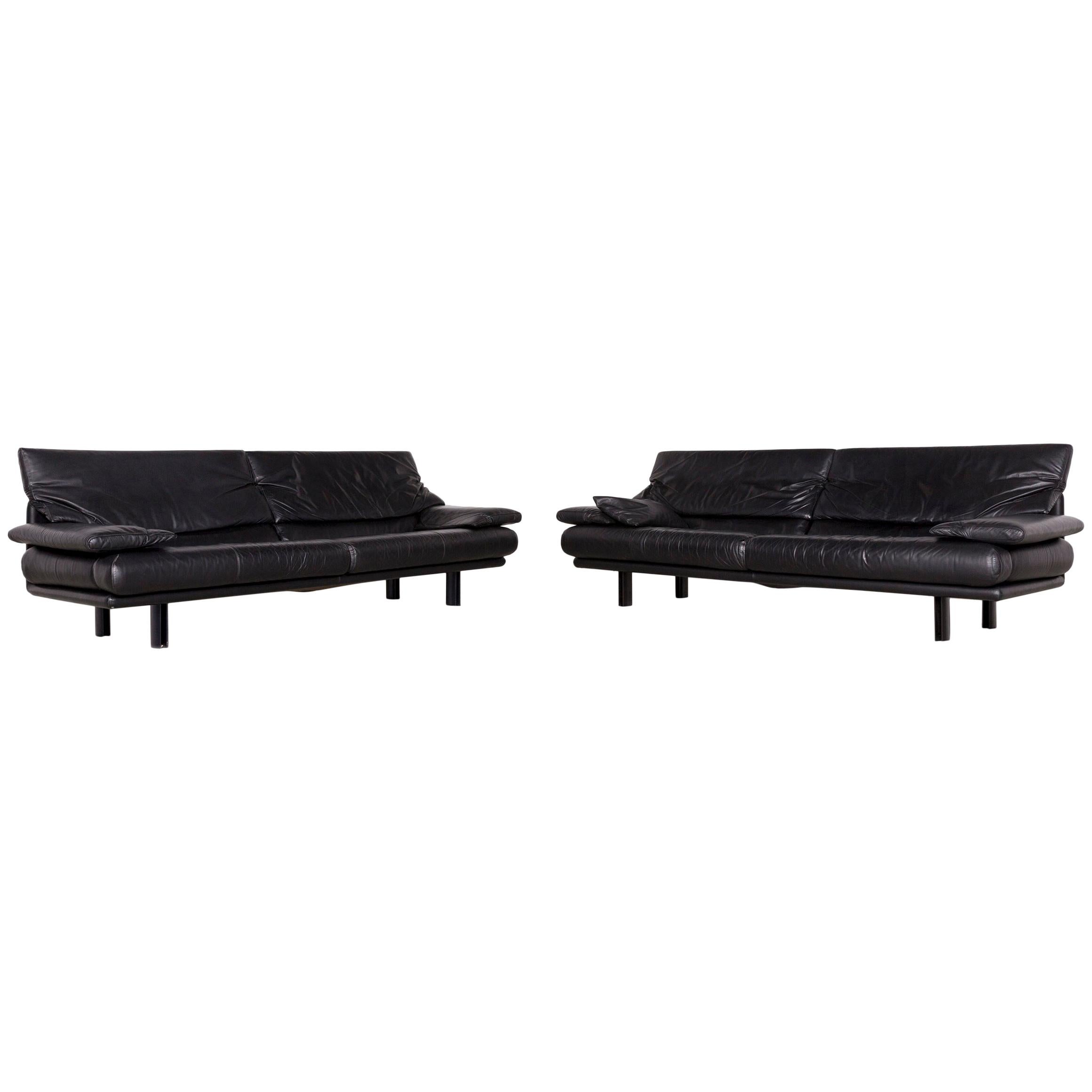 B&B Italia Alanda Designer Leather Sofa Set Black Three-Seat Couch Relax For Sale