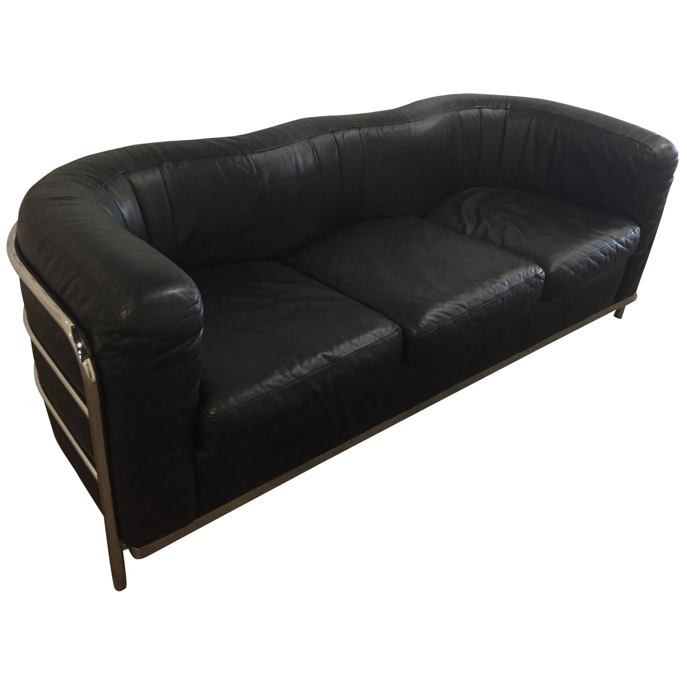 Italian Zonatta Black Leather and Chrome Sofa For Sale