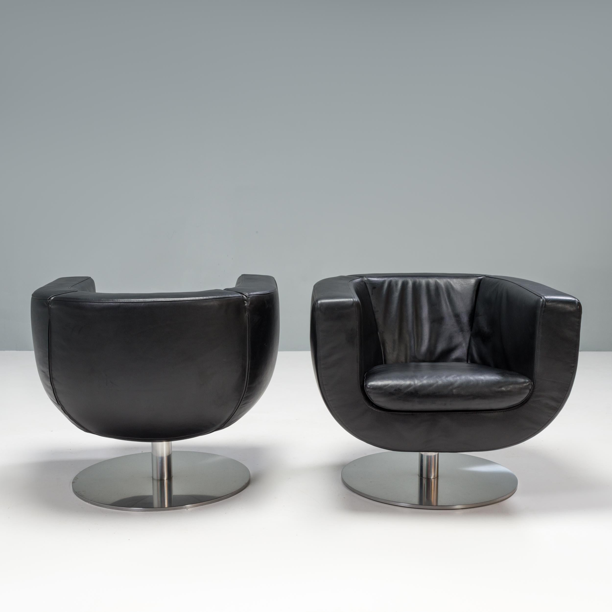 Italian B&B Italia Black Leather Tulip Armchairs by Jeffrey Bernett, Set of 2