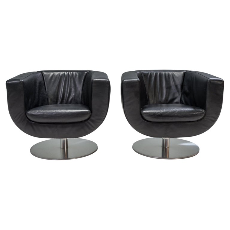 B&B Italia Black Leather Tulip Armchairs by Jeffrey Set of 2