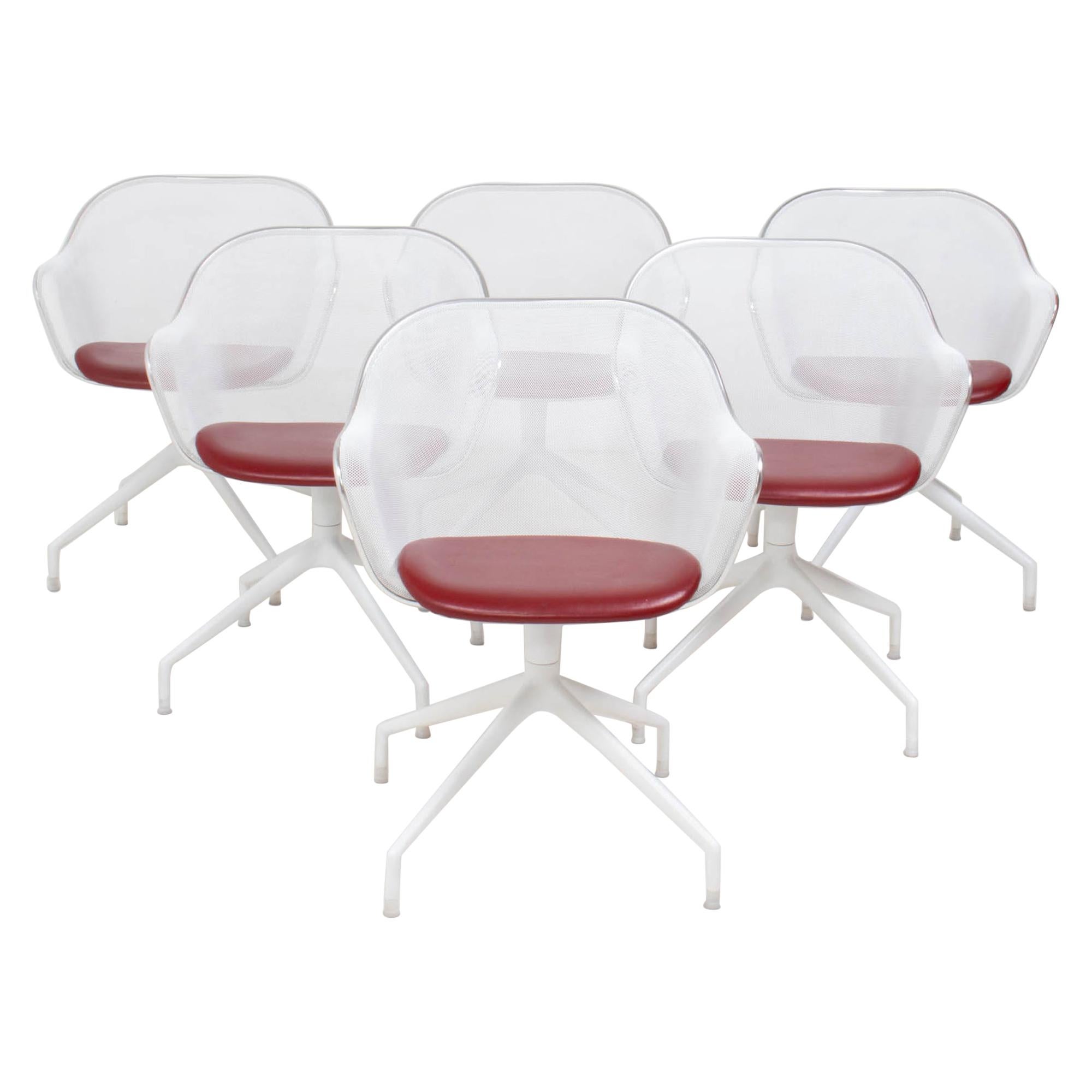 B&B Italia by Antonio Citterio Luta White & Red Leather Swivel Chairs, Set of 6