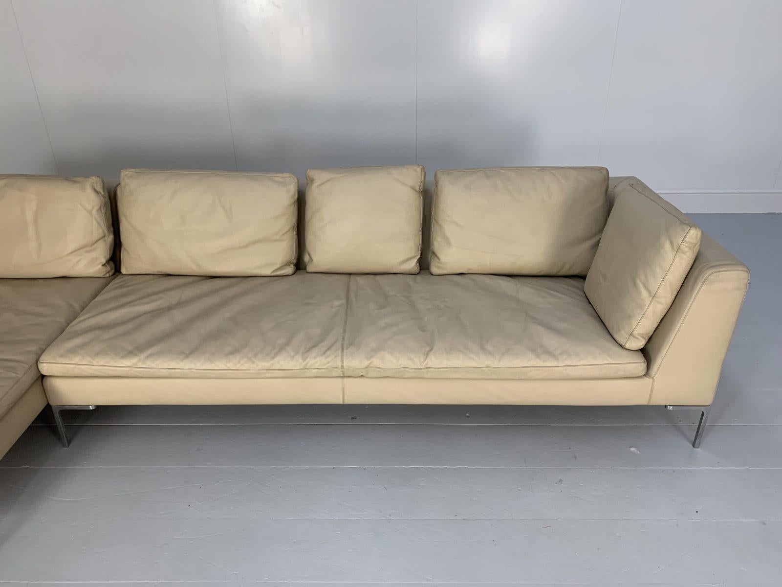 Contemporary B&B Italia “Charles” L-Shape Sofa, In Cream “Koto” Leather For Sale