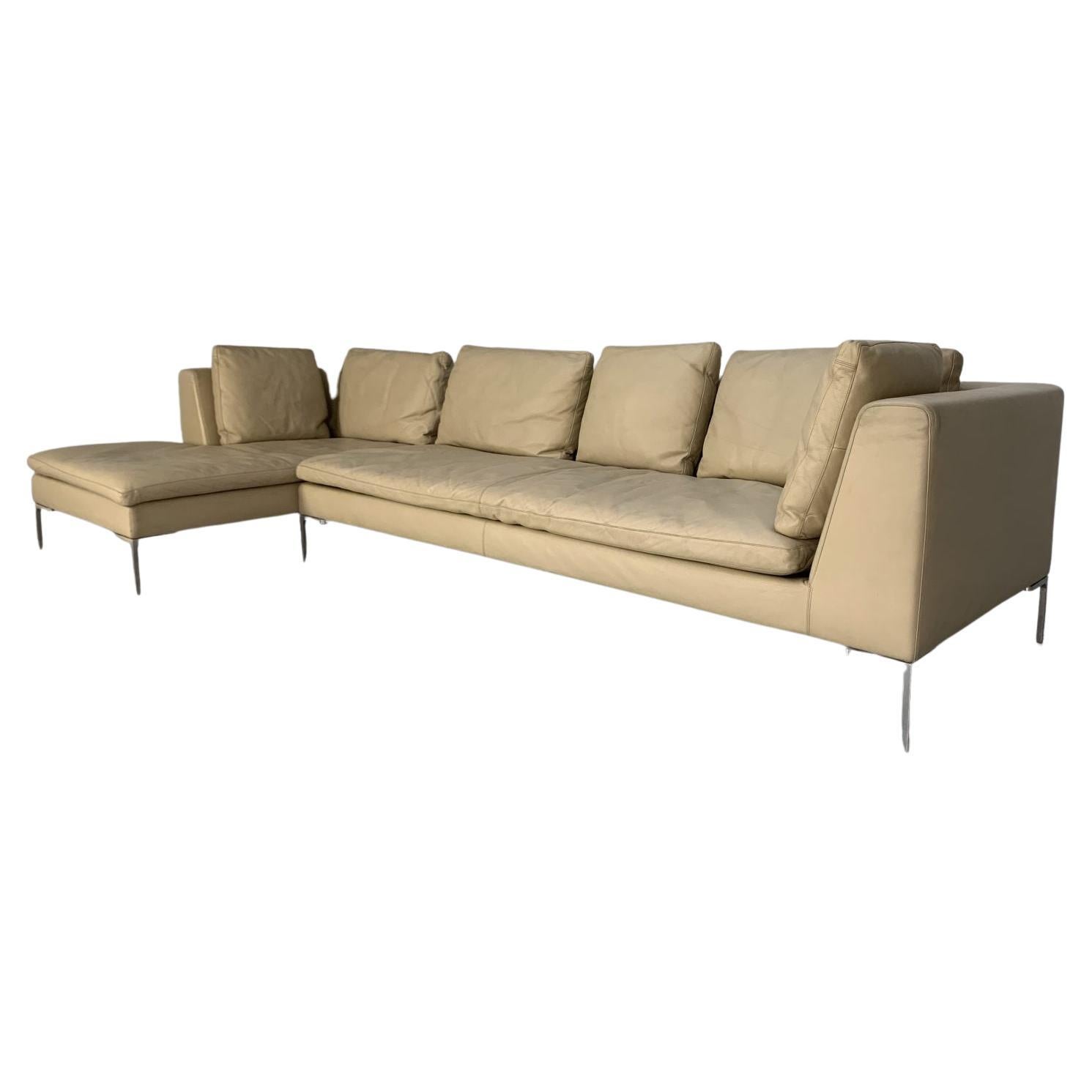 B&B Italia “Charles” L-Shape Sofa, In Cream “Koto” Leather For Sale