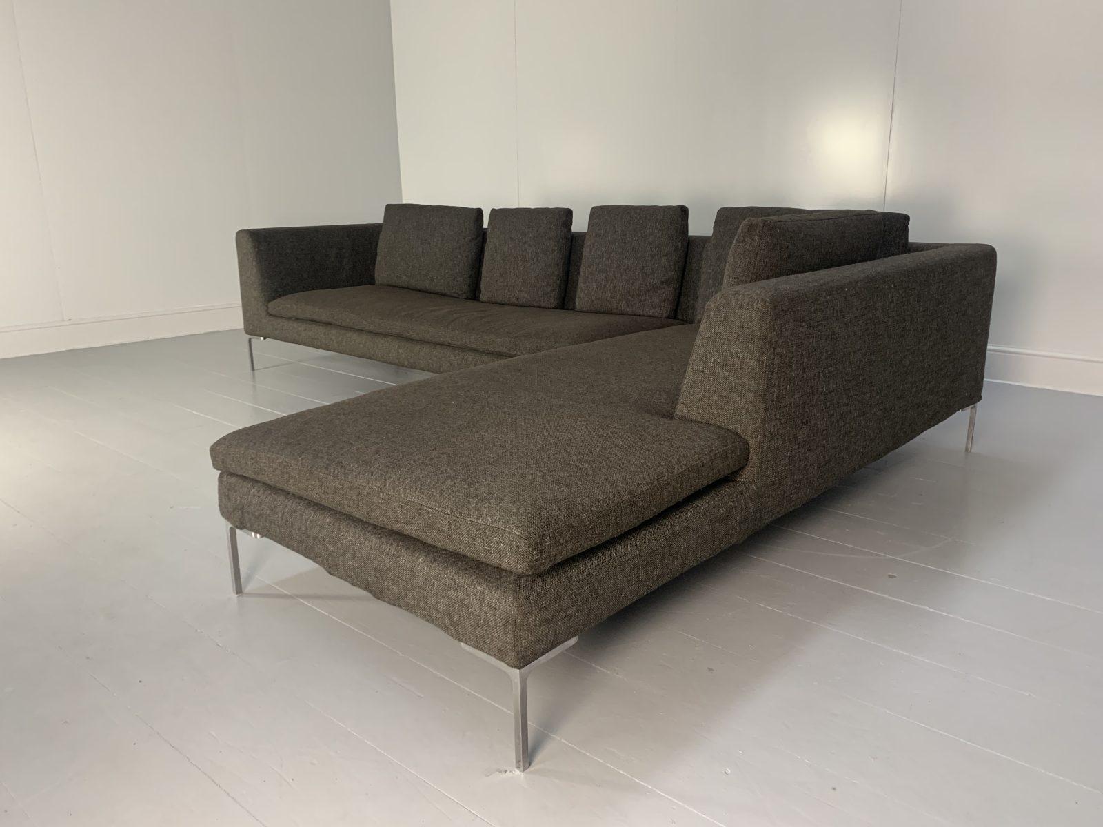 B&B Italia “Charles” L-Shape Sofa, in Dark Grey & Brown Fabric In Good Condition For Sale In Barrowford, GB