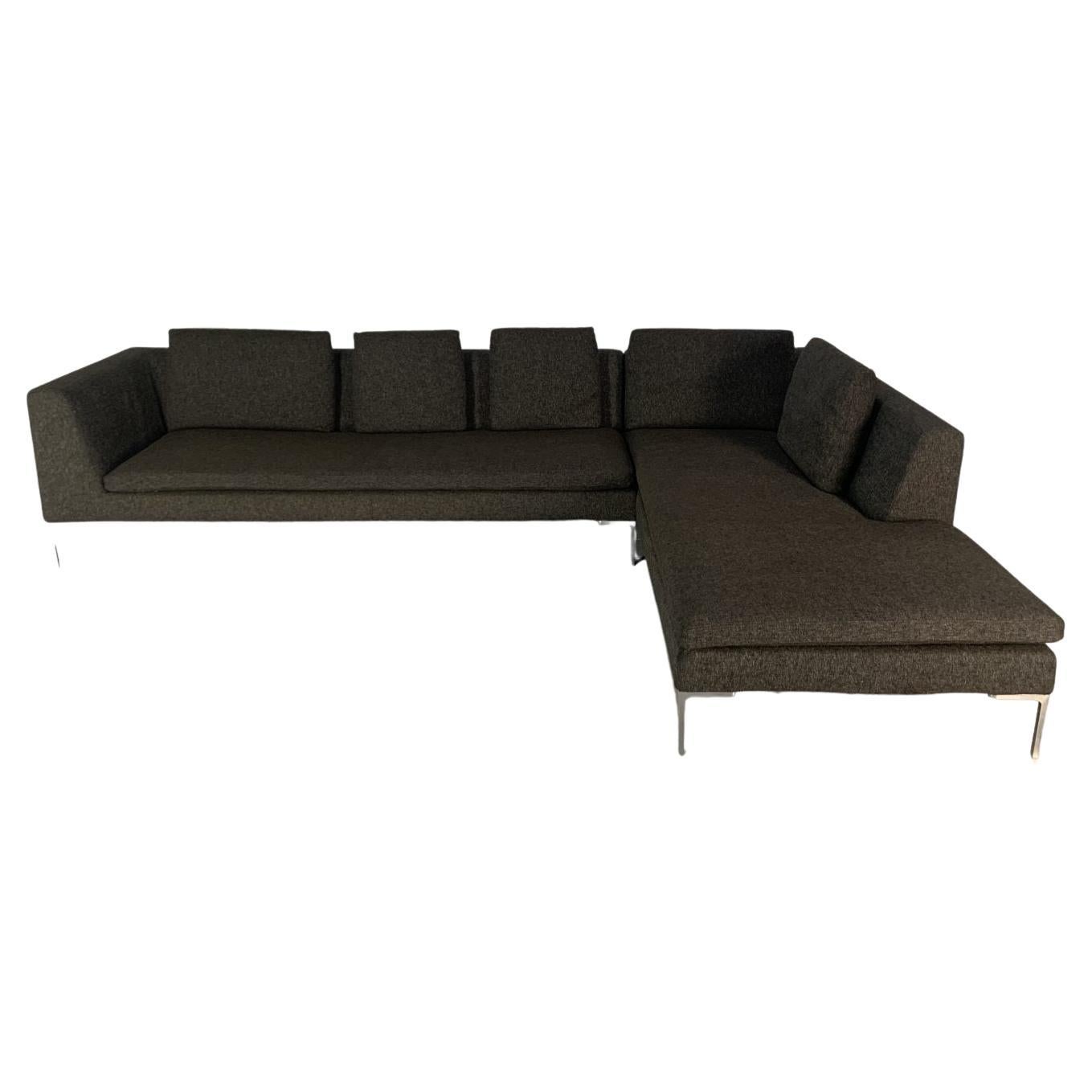 B&B Italia “Charles” L-Shape Sofa, in Dark Grey & Brown Fabric For Sale