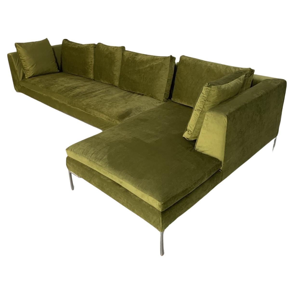 B&B Italia “Charles” L-Shape Sofa, in Mid-Green Velvet For Sale at 1stDibs