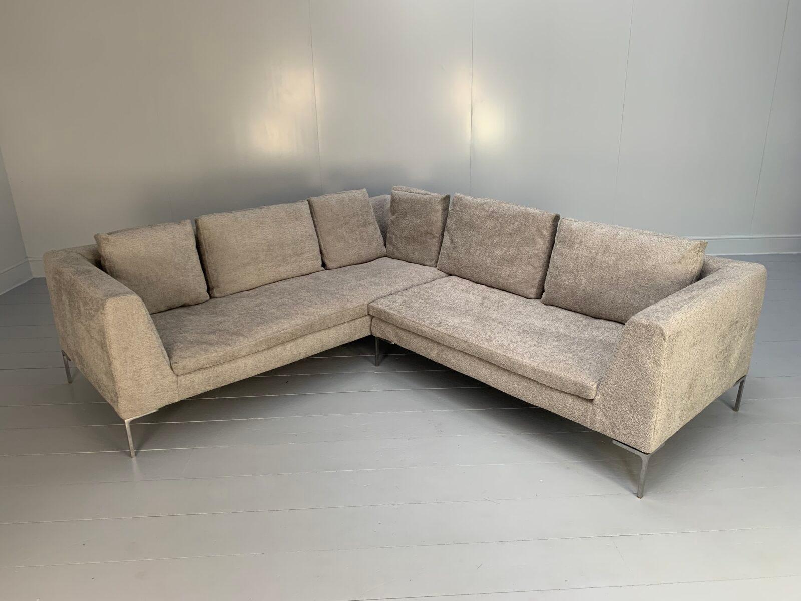 B&B Italia “Charles” L-Shape Sofa – In Pale Grey Boucle In Good Condition For Sale In Barrowford, GB