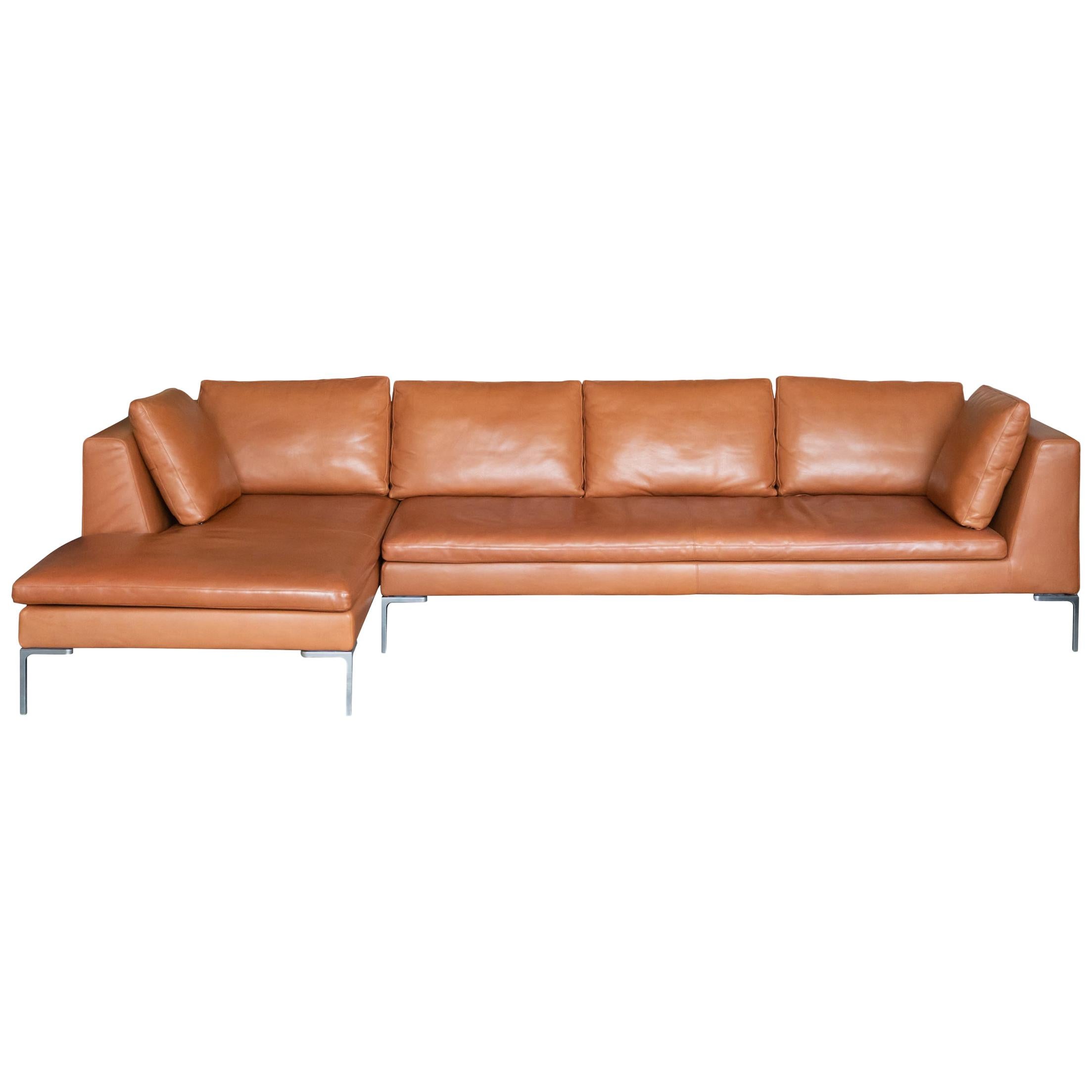 B&B Italia Charles Sectional in Cognac Leather by Antonio Citterio