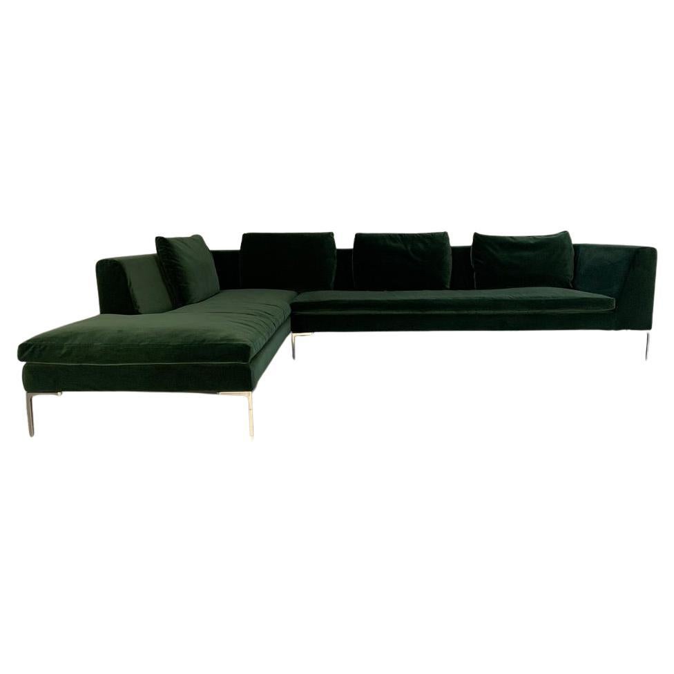 B&B Italia "Charles" Sofa - L-Shape 5-Seat - In Green Italian Velvet
