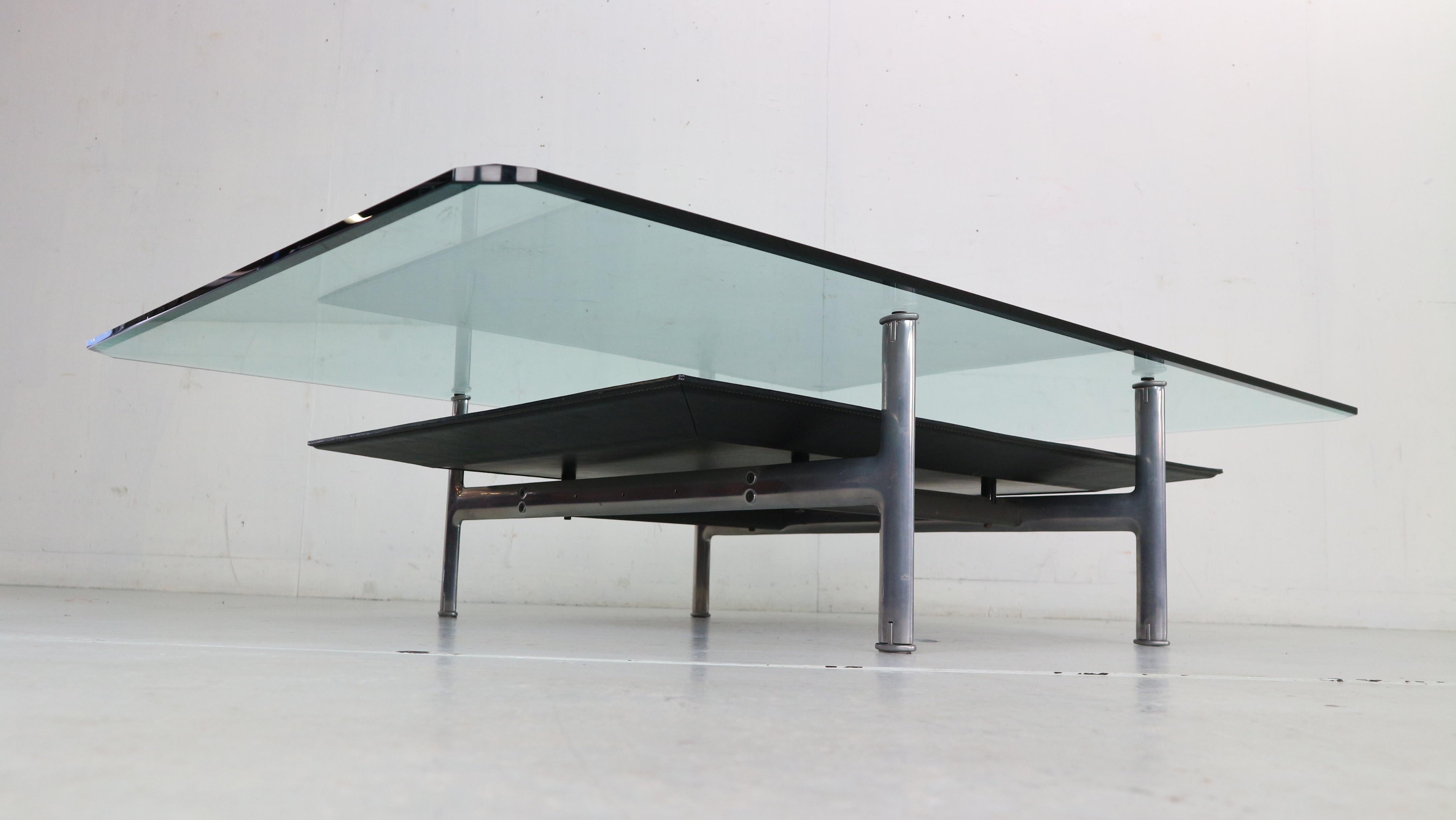 Metal B&B Italia 'Diesis' Two-Tier Glass and Leather Coffee Table by Antonio Citterio For Sale