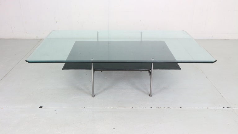 Late 20th Century B&B Italia 'Diesis' Two-Tier Glass and Leather Coffee Table by Antonio Citterio For Sale