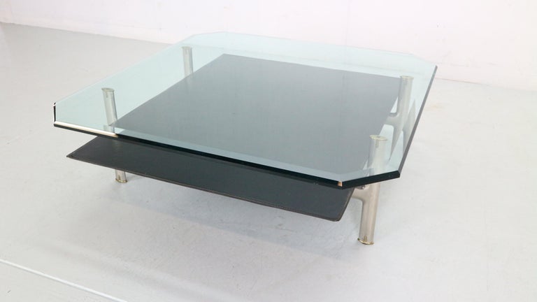 Metal B&B Italia 'Diesis' Two-Tier Glass and Leather Coffee Table by Antonio Citterio  For Sale