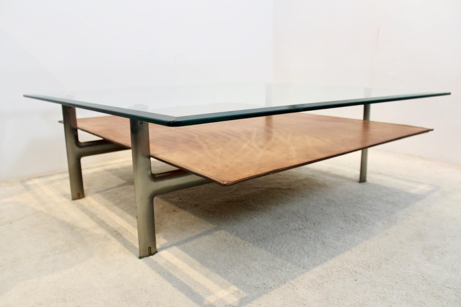 Brass B&B Italia 'Diesis' Two-Tier Glass and Leather Coffee Table by Antonio Citterio