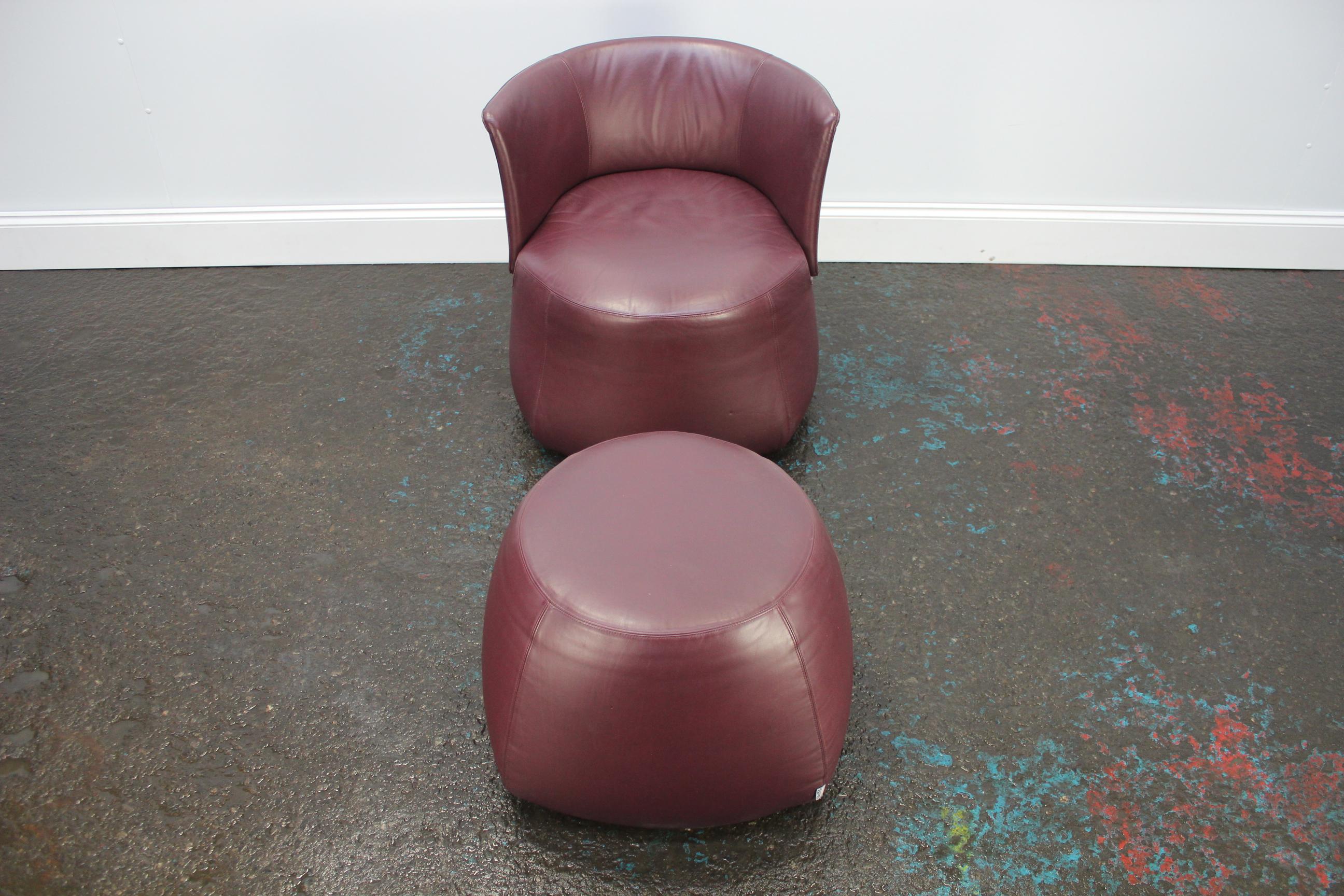 B&B Italia “Fat Sofa” Armchair and Pouf in Aubergine Purple “Gamma” Leather 2