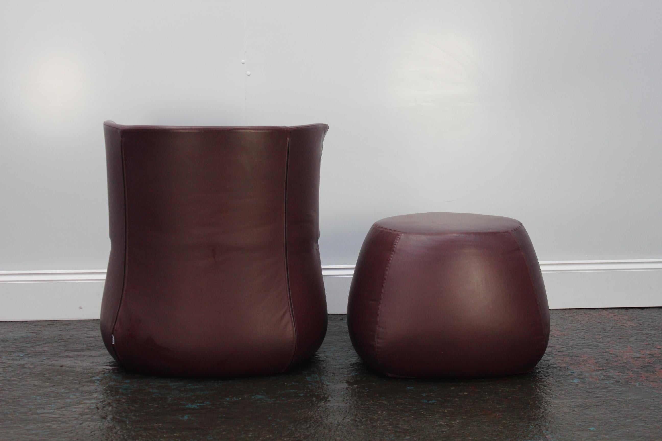 Modern B&B Italia “Fat Sofa” Armchair and Pouf in Aubergine Purple “Gamma” Leather