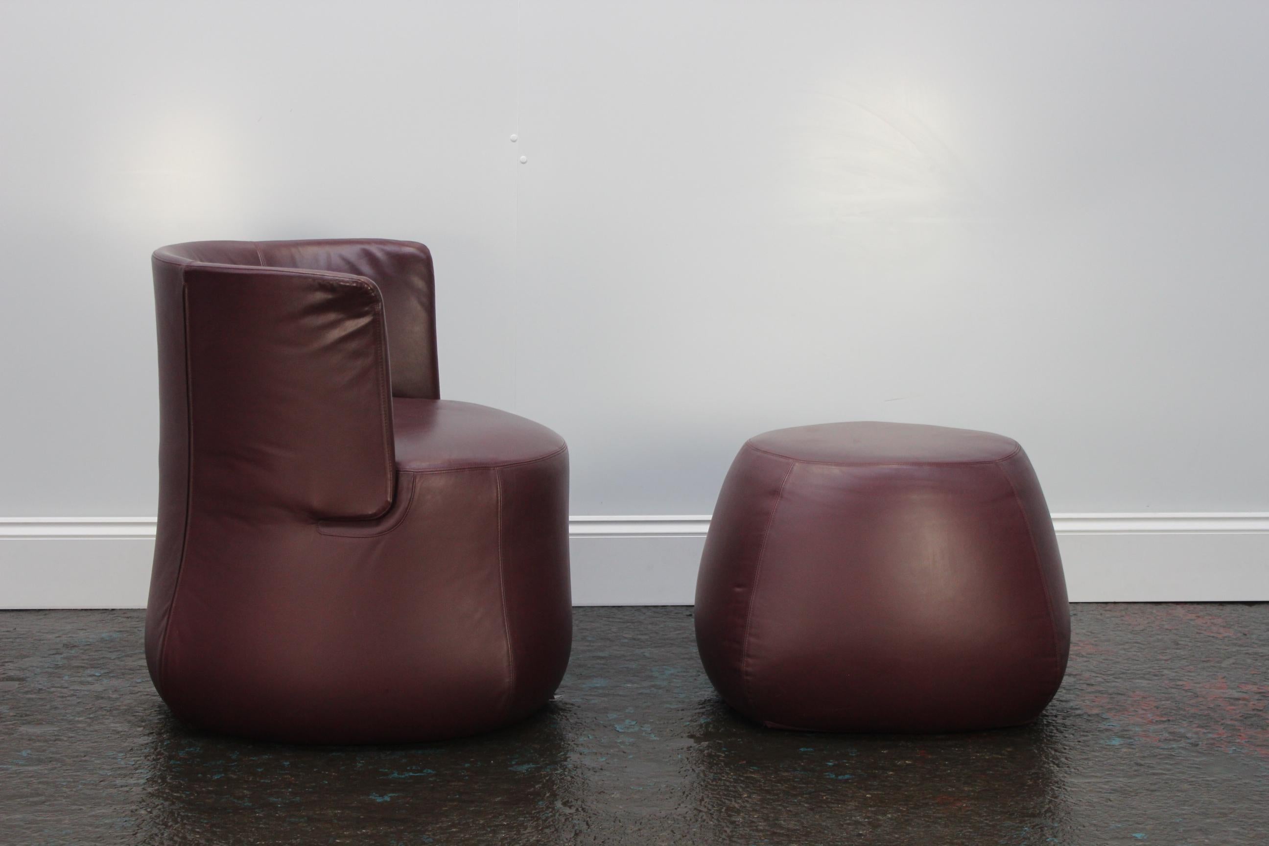Italian B&B Italia “Fat Sofa” Armchair and Pouf in Aubergine Purple “Gamma” Leather