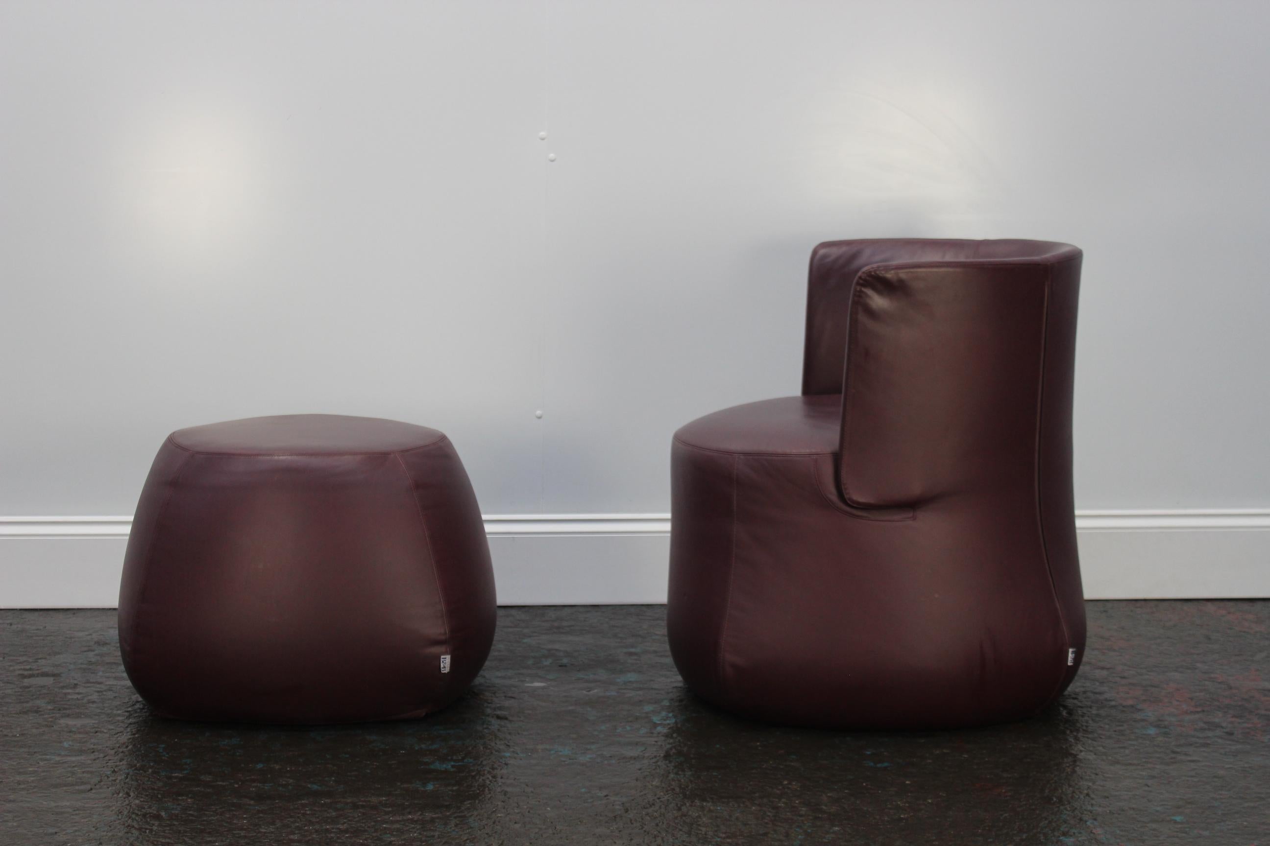 Hand-Crafted B&B Italia “Fat Sofa” Armchair and Pouf in Aubergine Purple “Gamma” Leather