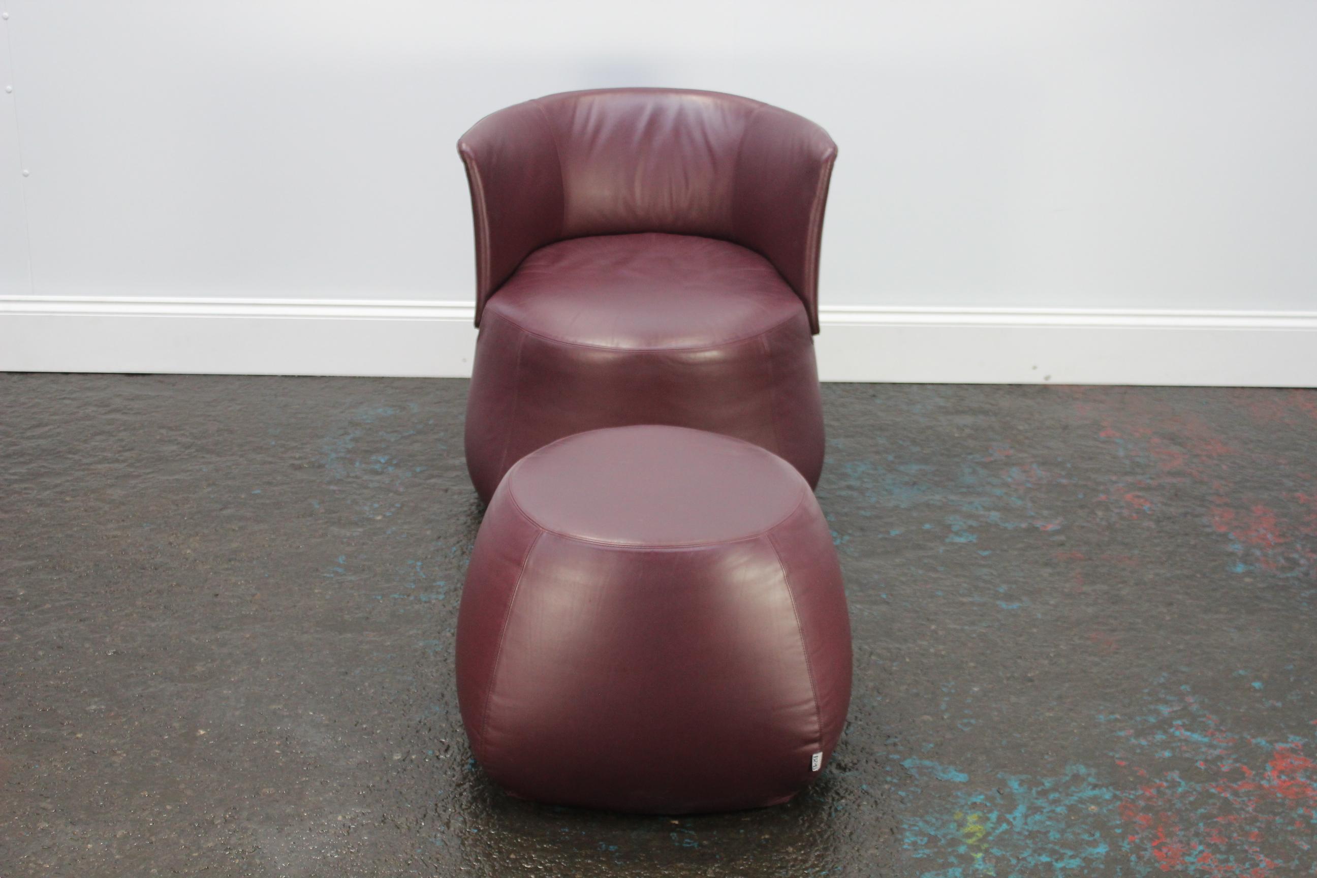 B&B Italia “Fat Sofa” Armchair and Pouf in Aubergine Purple “Gamma” Leather In Good Condition In Barrowford, GB