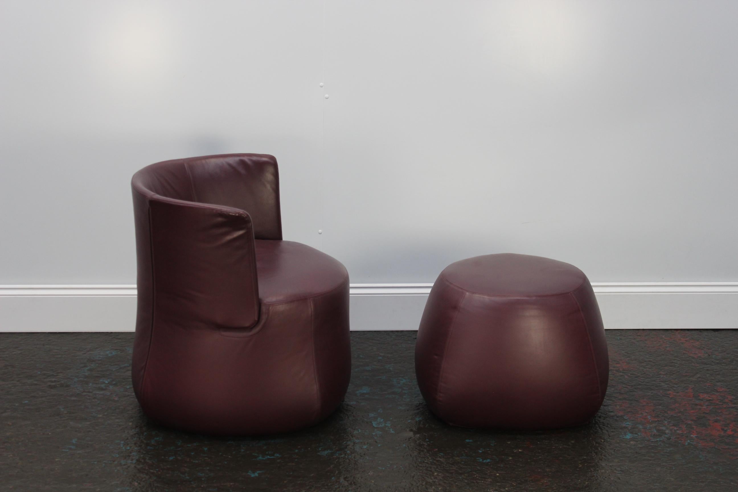 Contemporary B&B Italia “Fat Sofa” Armchair and Pouf in Aubergine Purple “Gamma” Leather