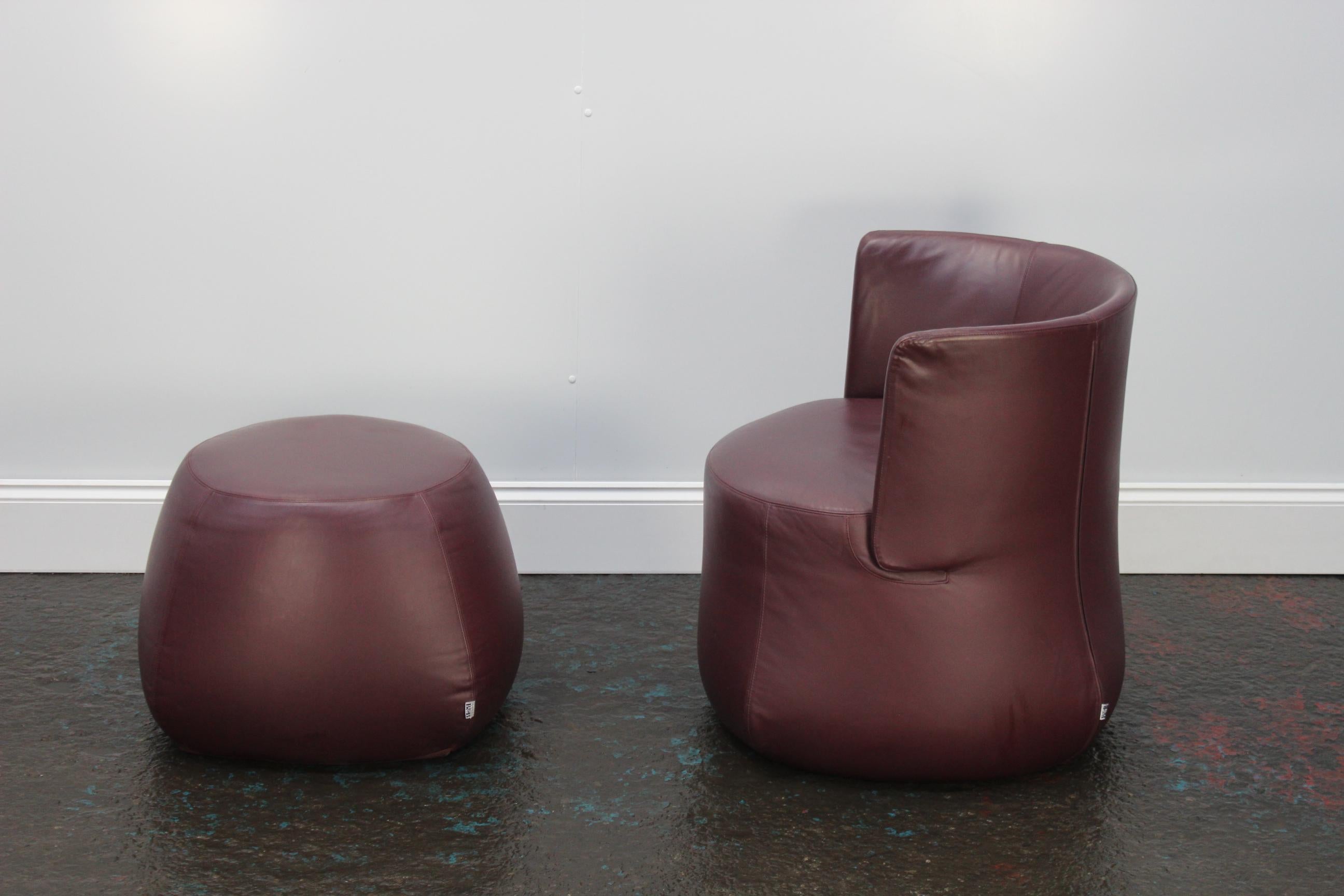 B&B Italia “Fat Sofa” Armchair and Pouf in Aubergine Purple “Gamma” Leather 1