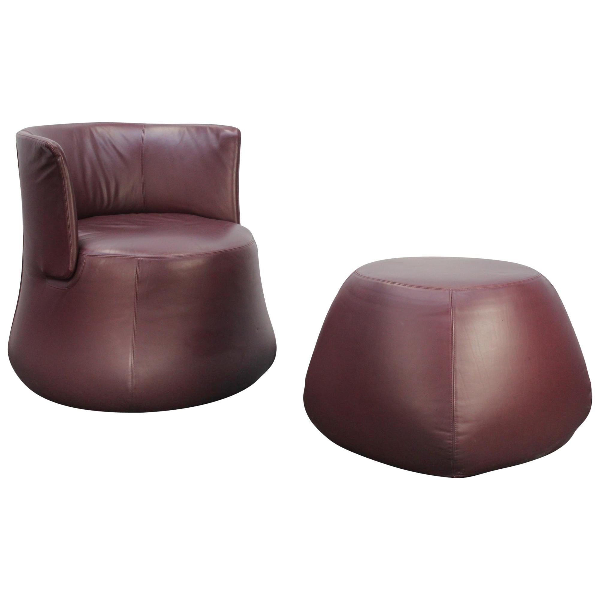 B&B Italia “Fat Sofa” Armchair and Pouf in Aubergine Purple “Gamma” Leather