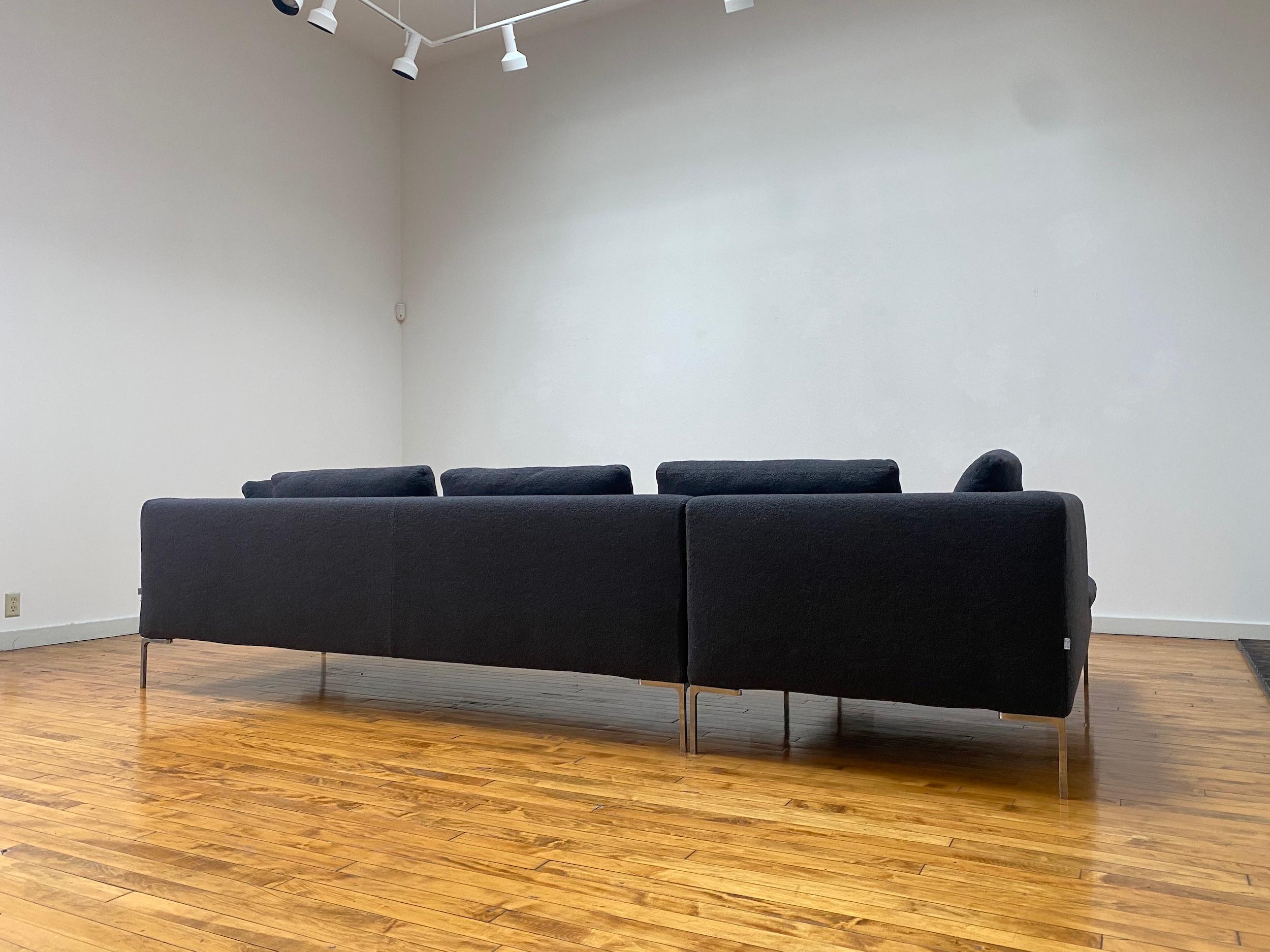 Aluminum B&B Italia L- Shape Charles Sofa in Dark Gray Tweed Designed by Antonio Citterio