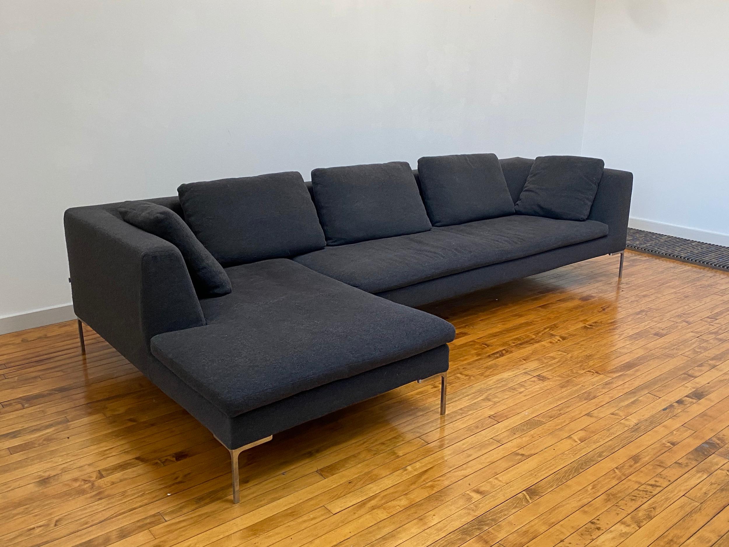 Italian B&B Italia L- Shape Charles Sofa in Dark Gray Tweed Designed by Antonio Citterio
