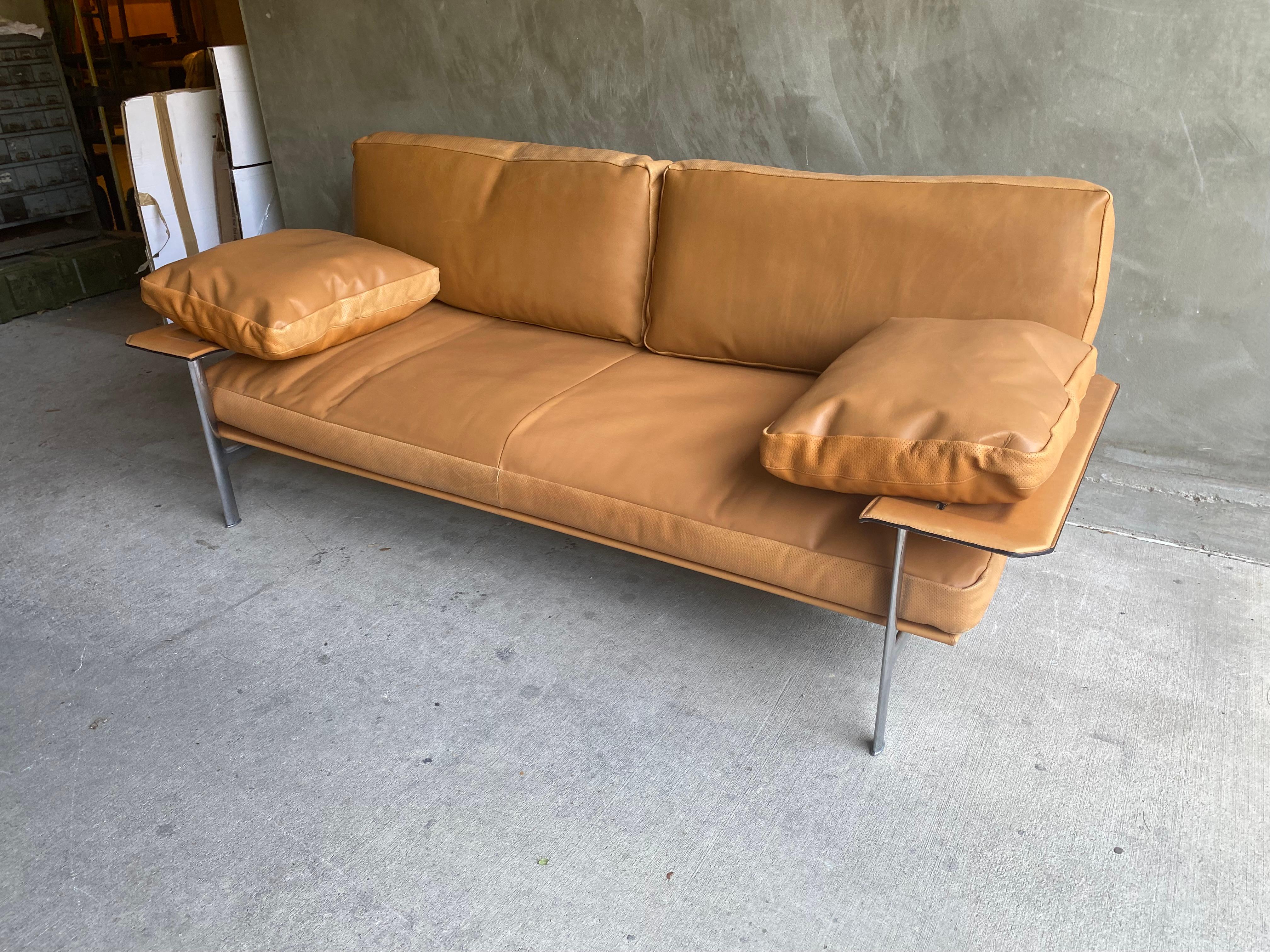 Extraordinary recent edition (exact date of manufacture is unknown) of Antonio Citterio's 1979 Diesis DS217 model sofa for B & B Italia. Analine dyed saddle colored leather and polished aluminum frame in almost perfect condition. Leather color could