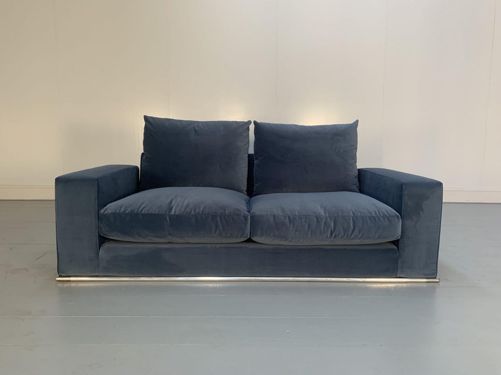 This is superb, immaculately-presented example of large-scale seating, it being a “Marcel” Large 2.5-Seat Sofa dressed in the most-luxurious, short-pile, soft-velvet in mid-blue, from the “Maxalto” Range of seating by the world renown Italian