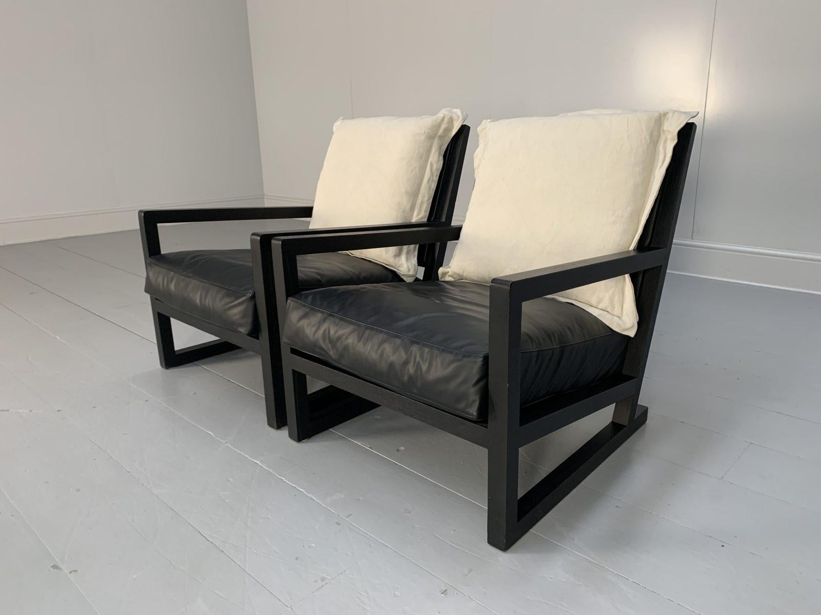 B&B Italia “Maxalto Clio” Armchairs, in Black Leather & Linen X4 In Good Condition For Sale In Barrowford, GB