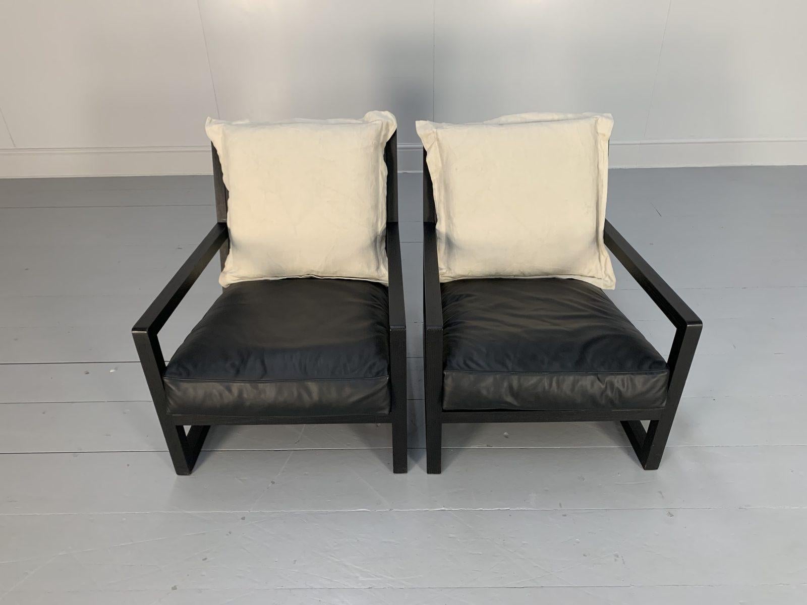 Contemporary B&B Italia “Maxalto Clio” Armchairs, in Black Leather & Linen X4 For Sale