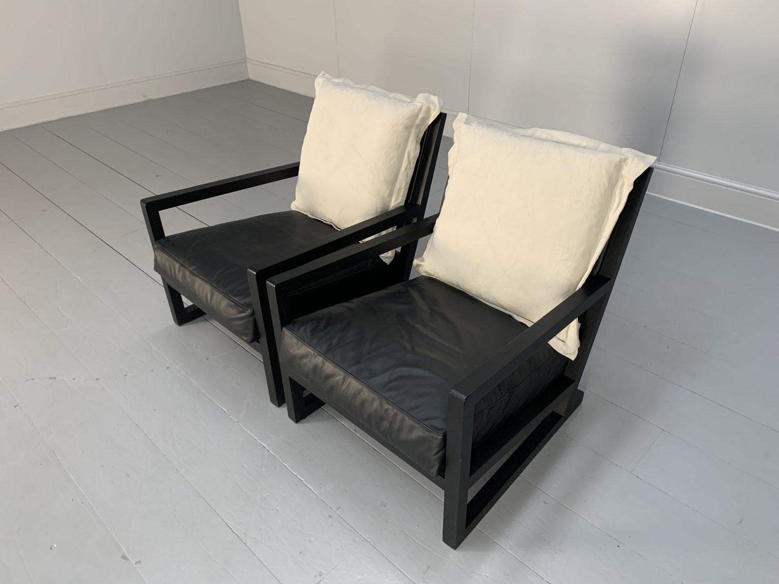 B&B Italia “Maxalto Clio” Armchairs, in Black Leather & Linen X4 For Sale 2