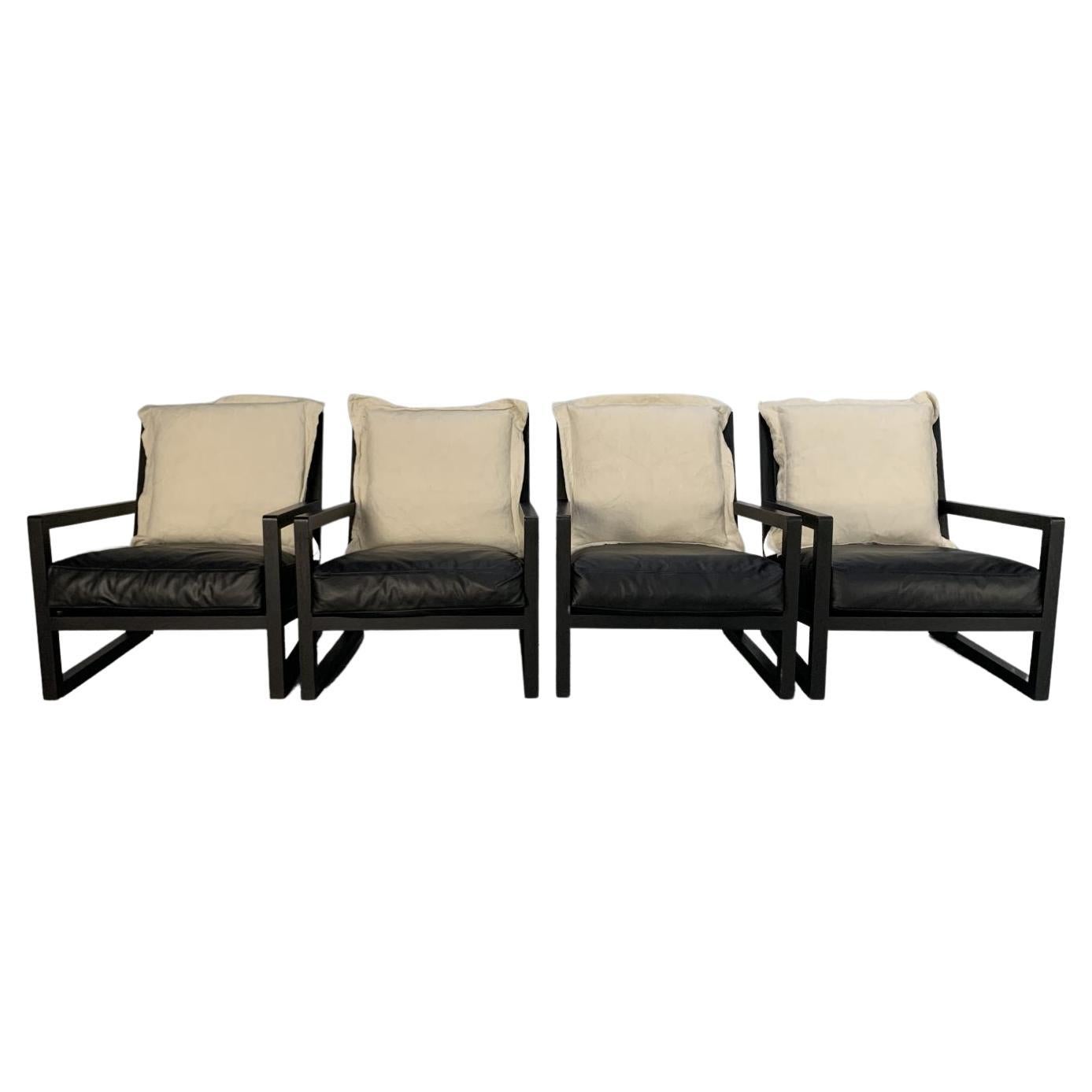 B&B Italia “Maxalto Clio” Armchairs, in Black Leather & Linen X4