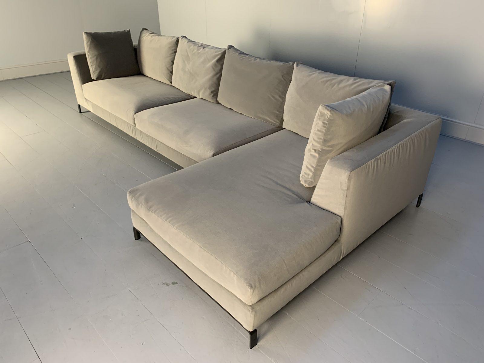 Contemporary B&B Italia “Ray” L-Shape Sofa in Silver Grey Italian Velvet