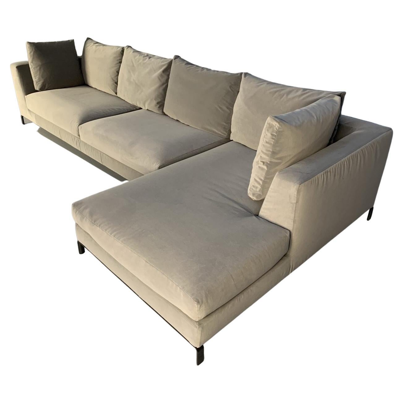 B&B Italia “Ray” L-Shape Sofa in Silver Grey Italian Velvet For Sale