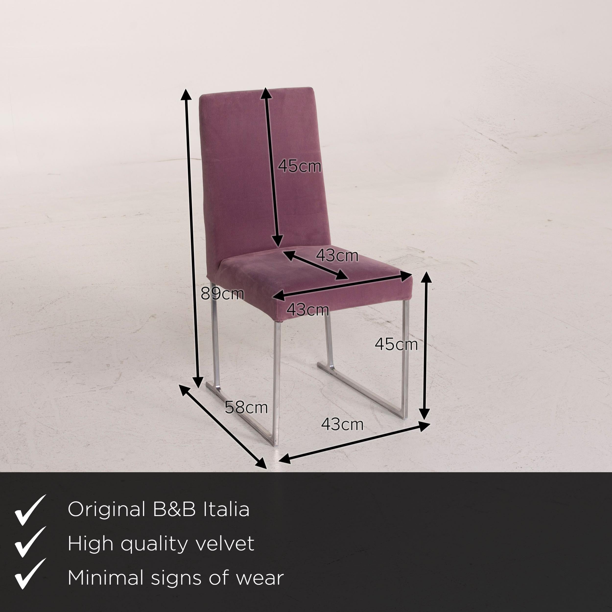 We present to you a B&B Italia solo (B&B) velvet chair lilac fabric.

 

 Product measurements in centimeters:
 

Depth 58
Width 43
Height 89
Seat height 45
Seat depth 43
Seat width 43
Back height 45.

   