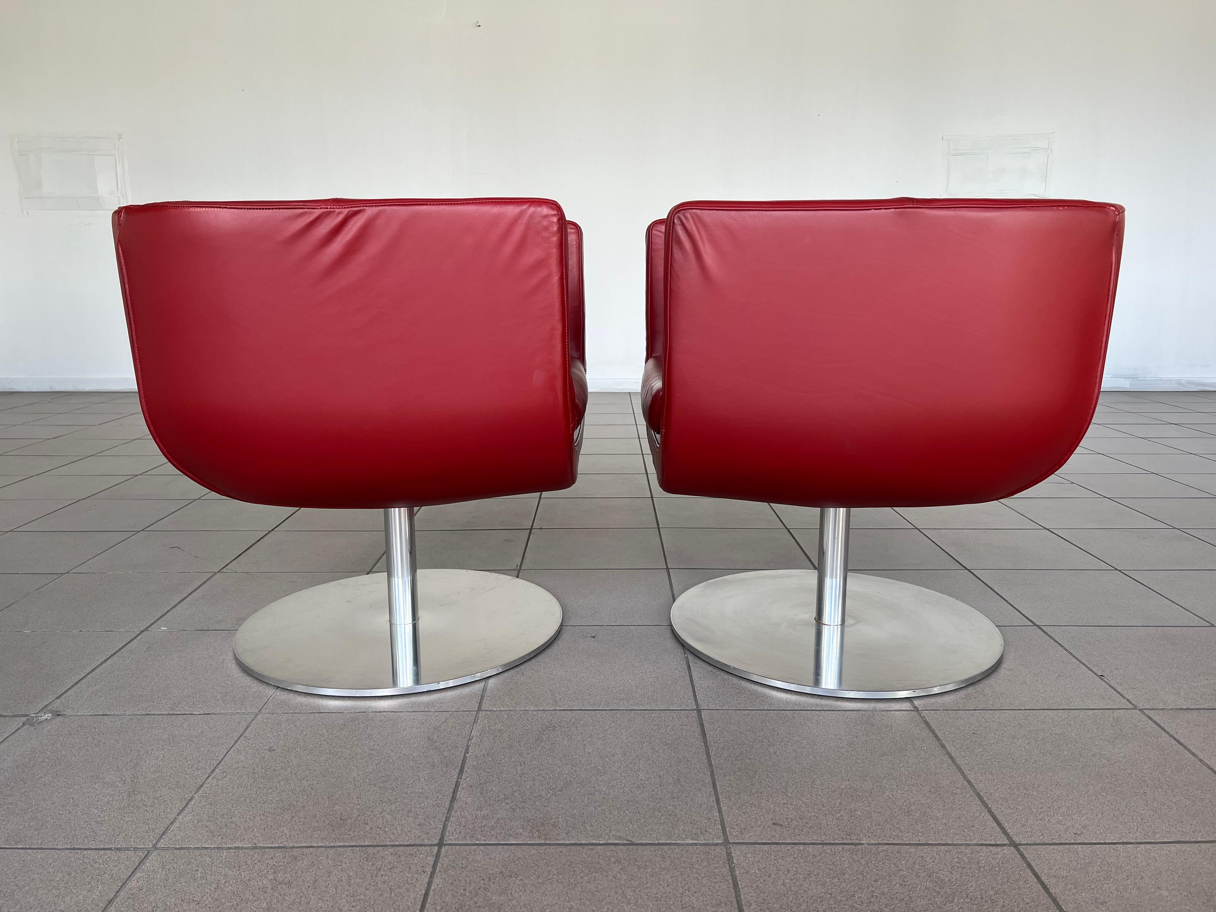 Mid-Century Modern B&B Italia Tulip Model Red Leather Armchairs by Jeffrey Bernett 