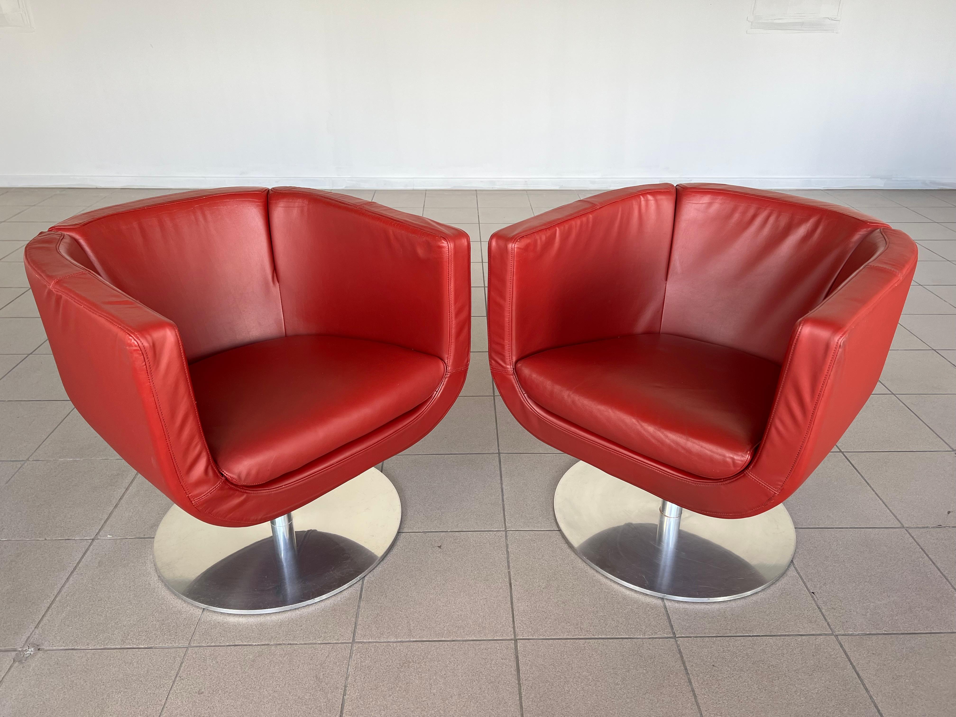 Contemporary B&B Italia Tulip Model Red Leather Armchairs by Jeffrey Bernett