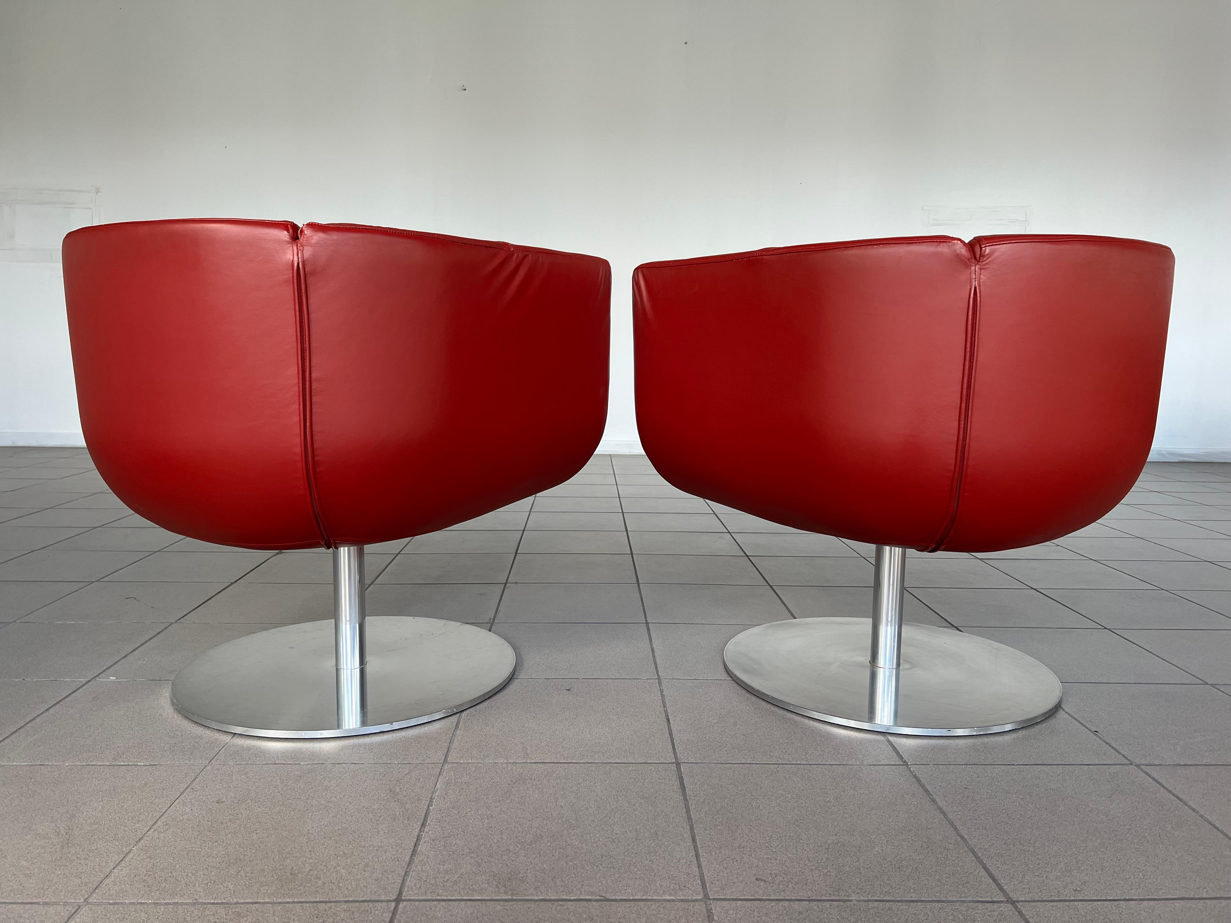 Aluminum B&B Italia Tulip Model Red Leather Armchairs by Jeffrey Bernett