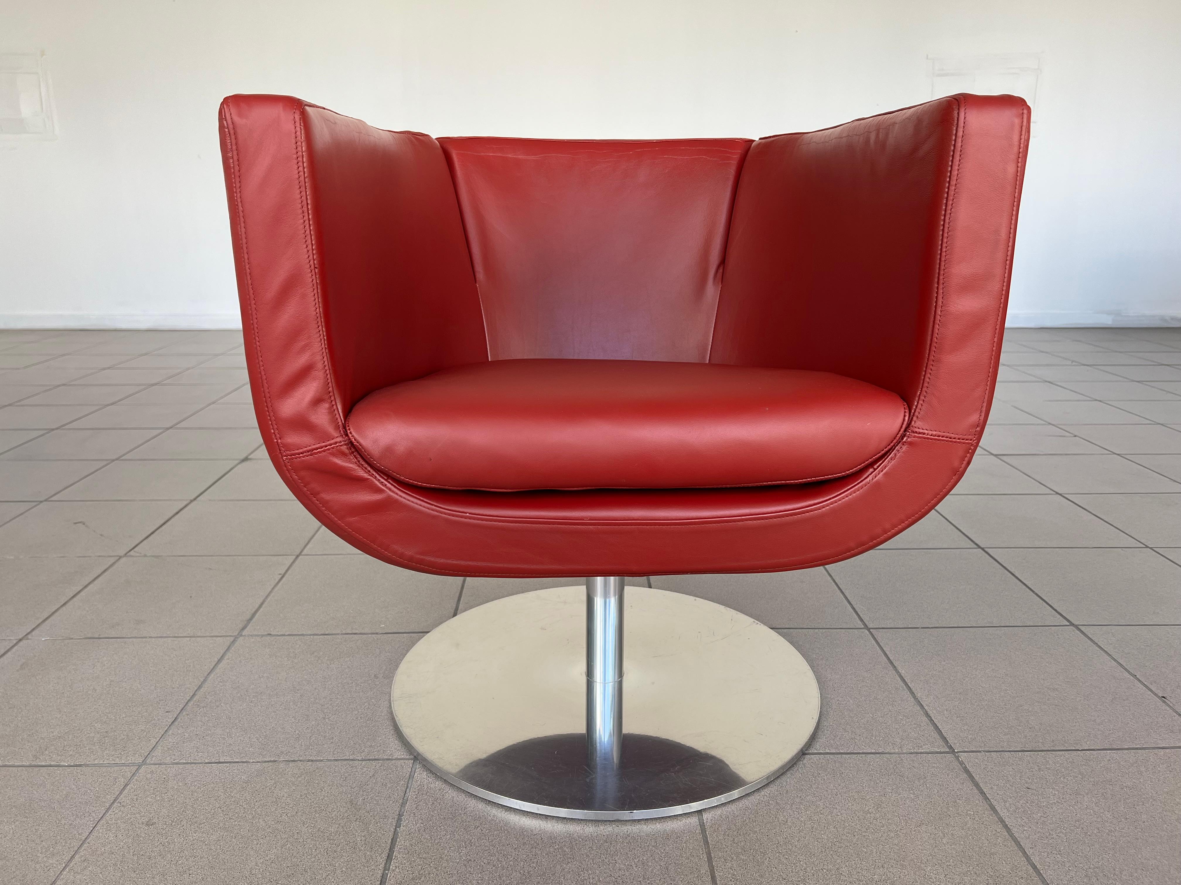 B&B Italia Tulip Model Red Leather Armchairs by Jeffrey Bernett 1