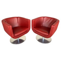 B&B Italia Tulip Model Red Leather Armchairs by Jeffrey Bernett 