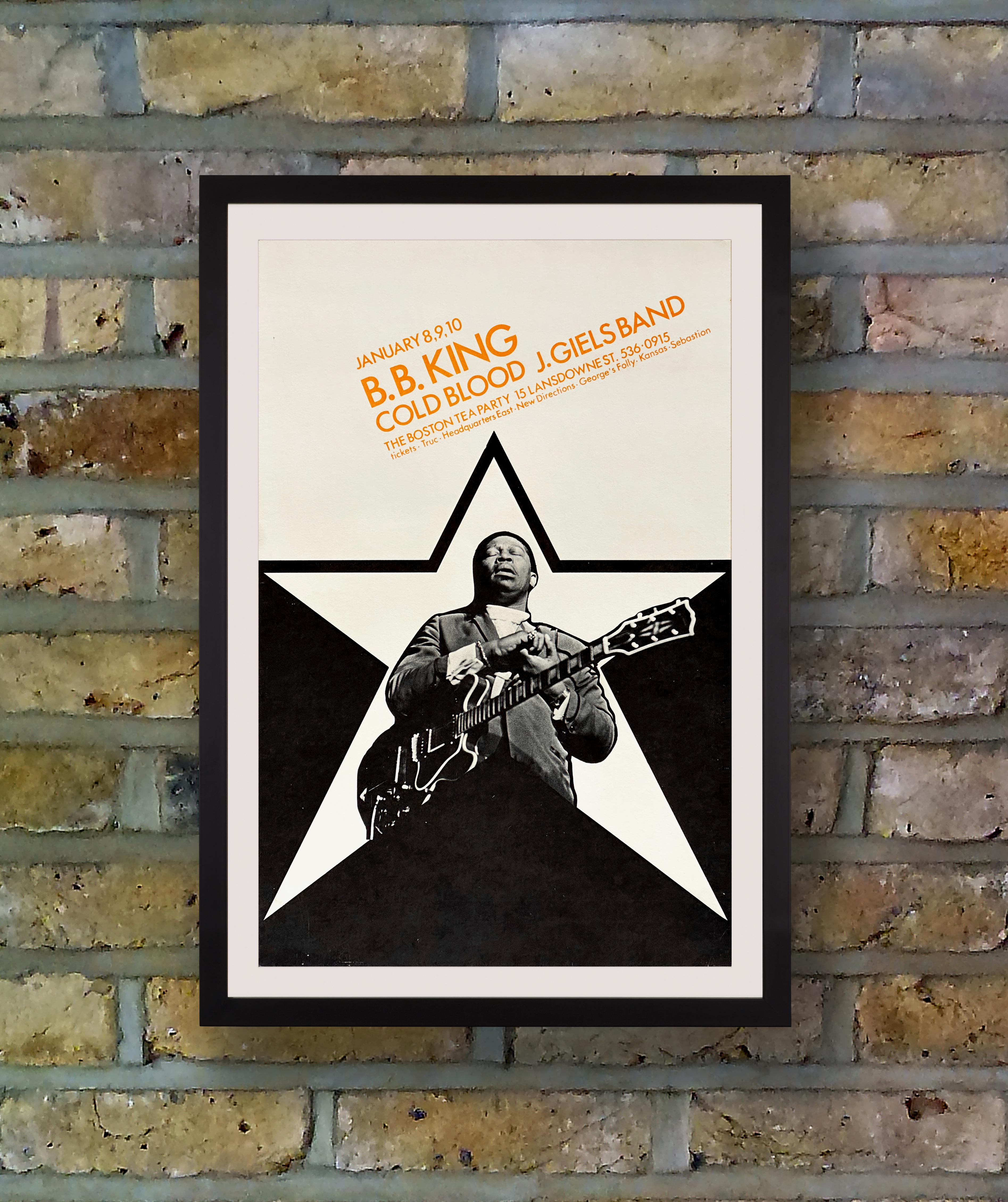 A scarce original concert poster for a run of shows headlined by B.B. King with support from Cold Blood and J. Geils Band at the Boston Tea Party in Boston, Massachusetts, from Thursday 8 to Saturday 10 January 1970. The simple design spotlights the