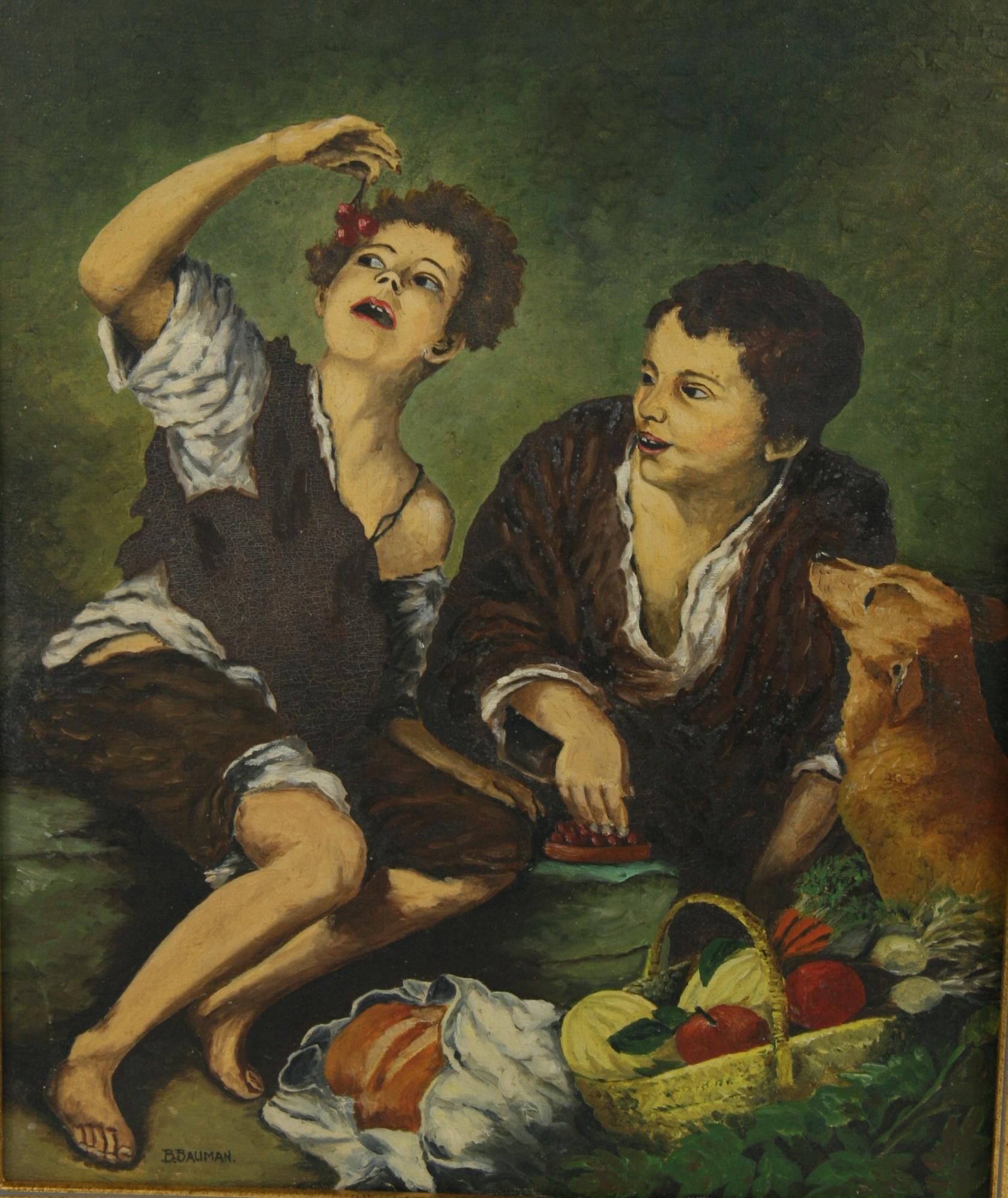 B.Bauman Animal Painting - Antique European Young Italian Boys With Dog Figurative  Oil Painting 1920's
